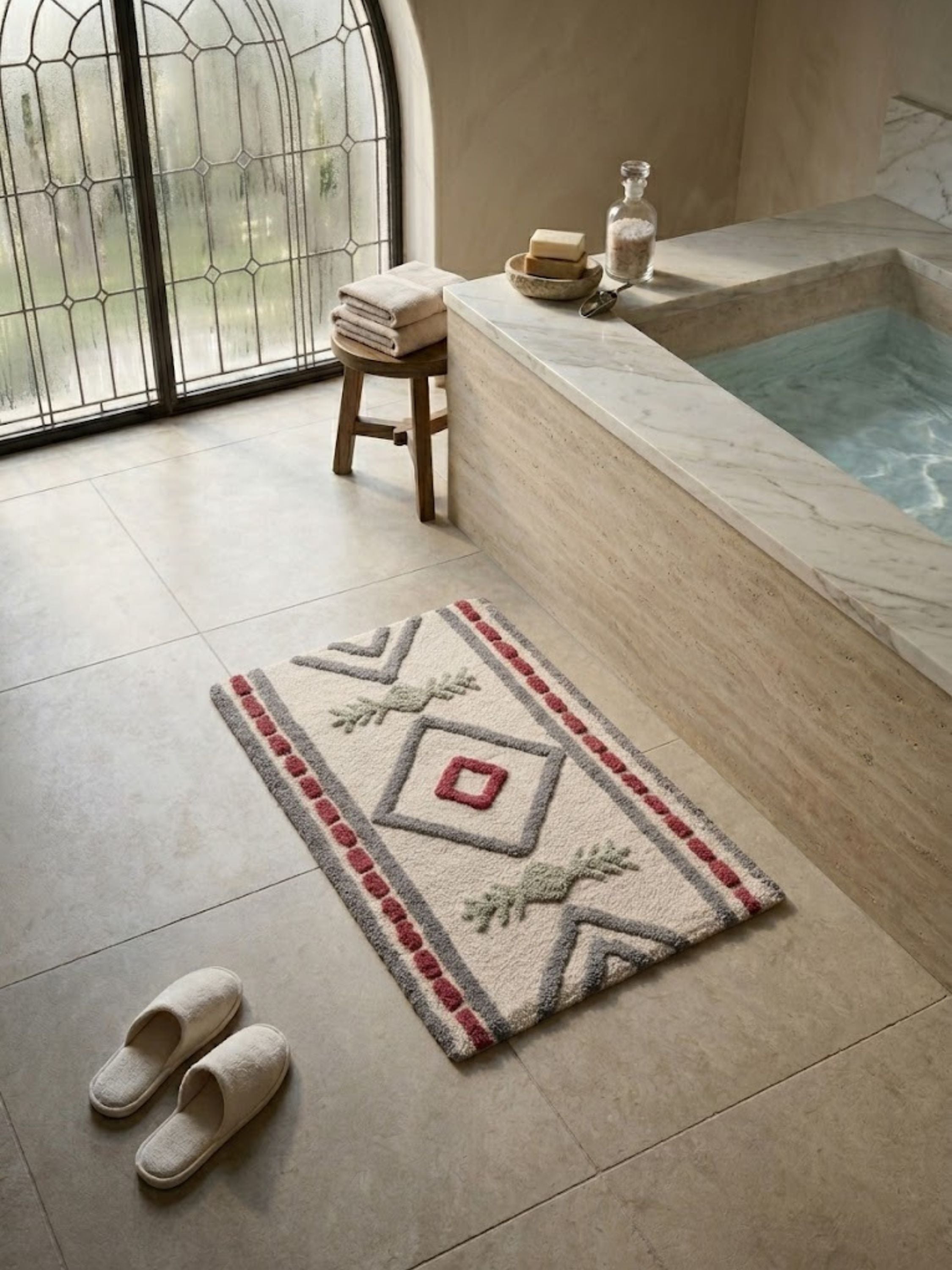 Geometric cotton bath rug with sculpted tribal-inspired detailing and a neutral ivory ground, placed beside a soaking tub to introduce warmth, texture, and relaxed bohemian elegance to the bath space.