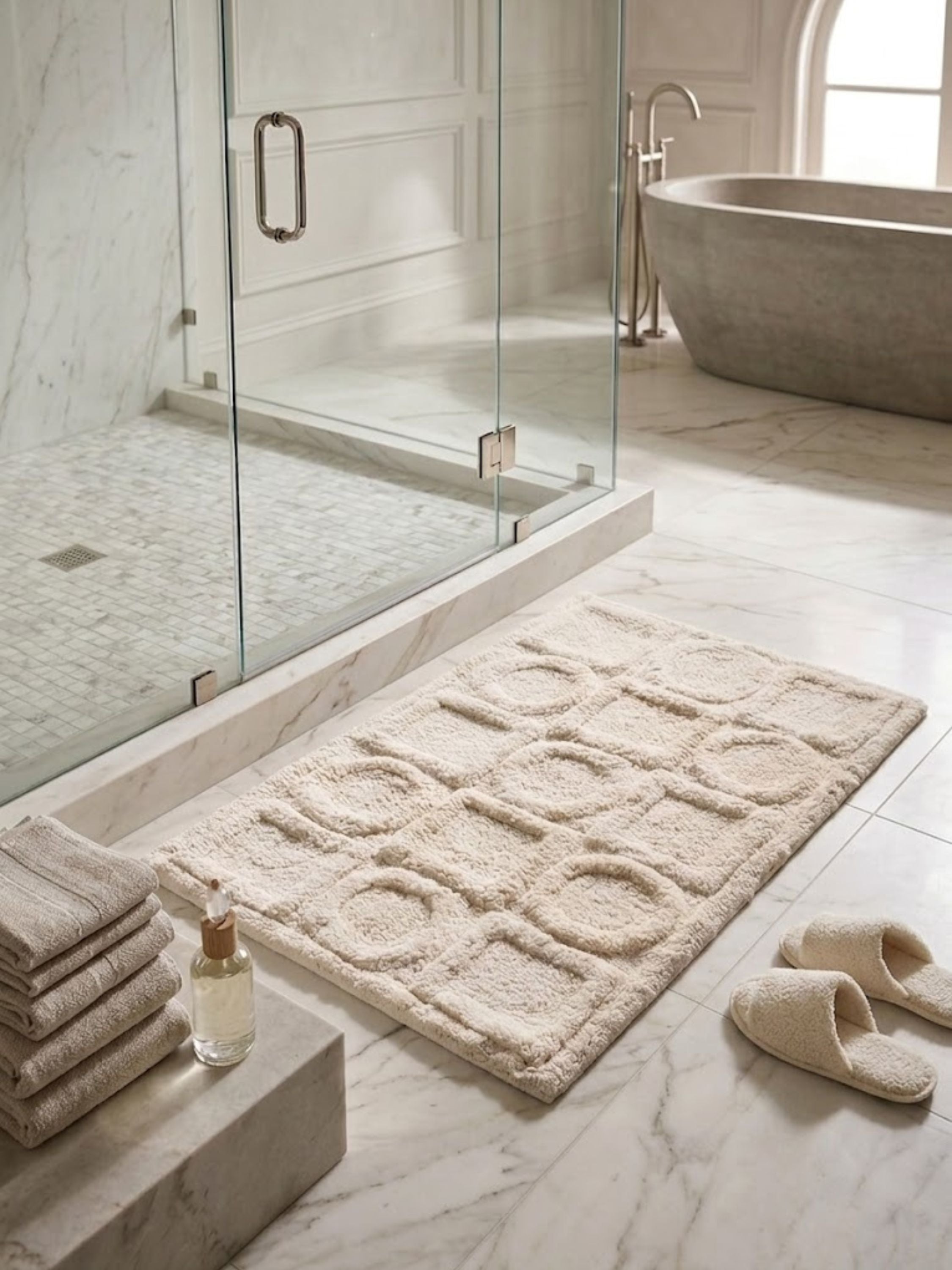 Neutral textured bath rug with an embossed geometric pattern of circles and squares, styled beside a glass shower enclosure to introduce quiet texture and refined comfort to the bath space.