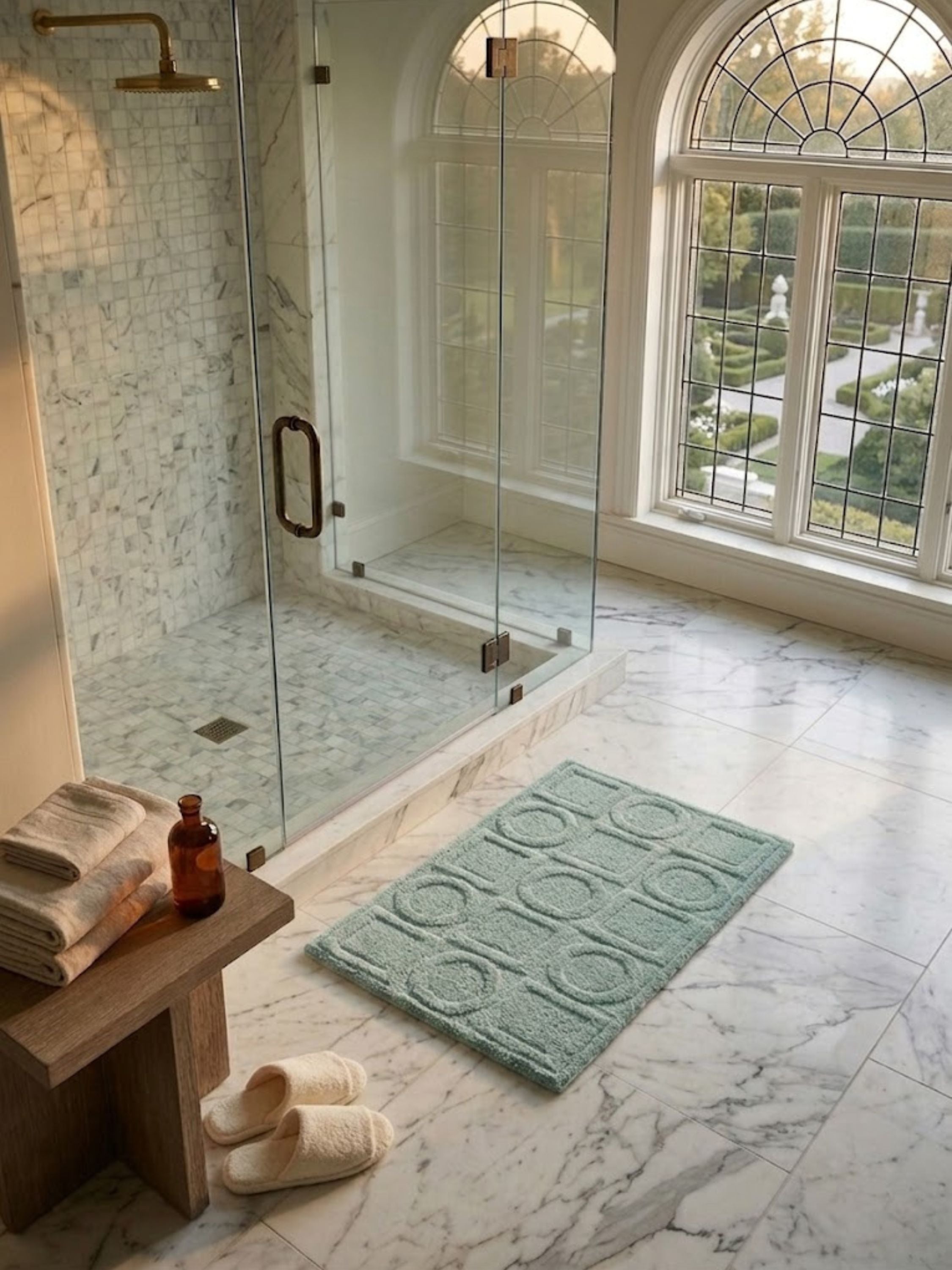 Soft teal geometric bath mat featuring a sculpted pattern of raised circles and squares, styled beside a marble shower enclosure to bring subtle color, texture, and spa-inspired comfort to the bathroom.