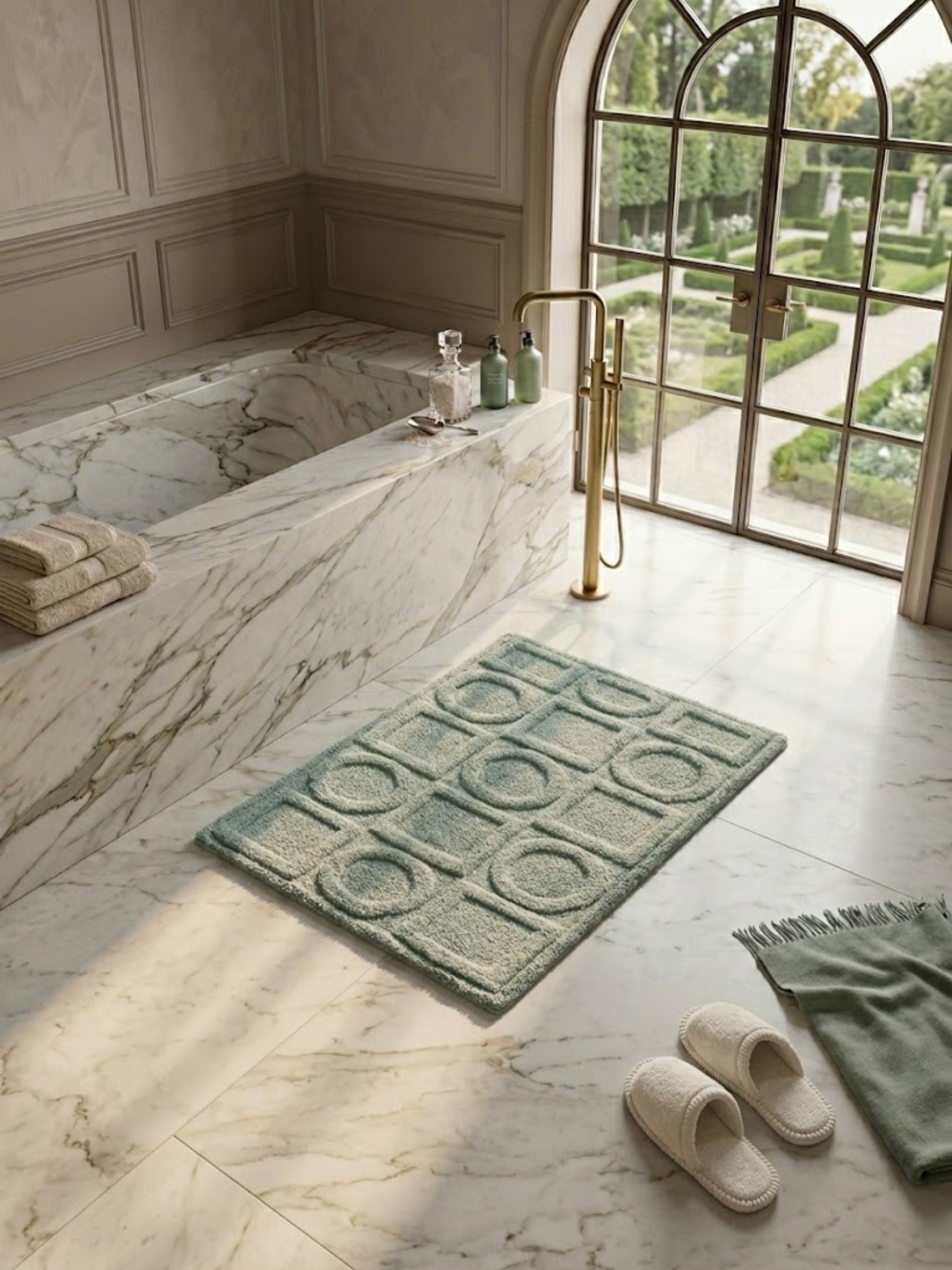 Plush teal cotton bath rug with a modern embossed geometric design, placed alongside a marble soaking tub to introduce calming color, layered texture, and refined contemporary character.