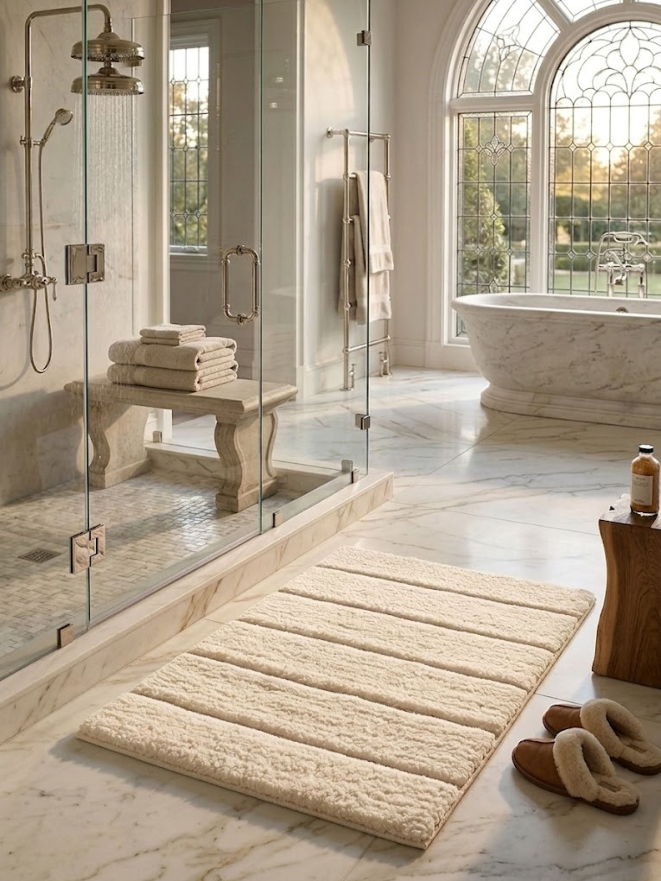 Ivory microfiber bath mat with tonal banding, styled in a stone-tiled bathroom.