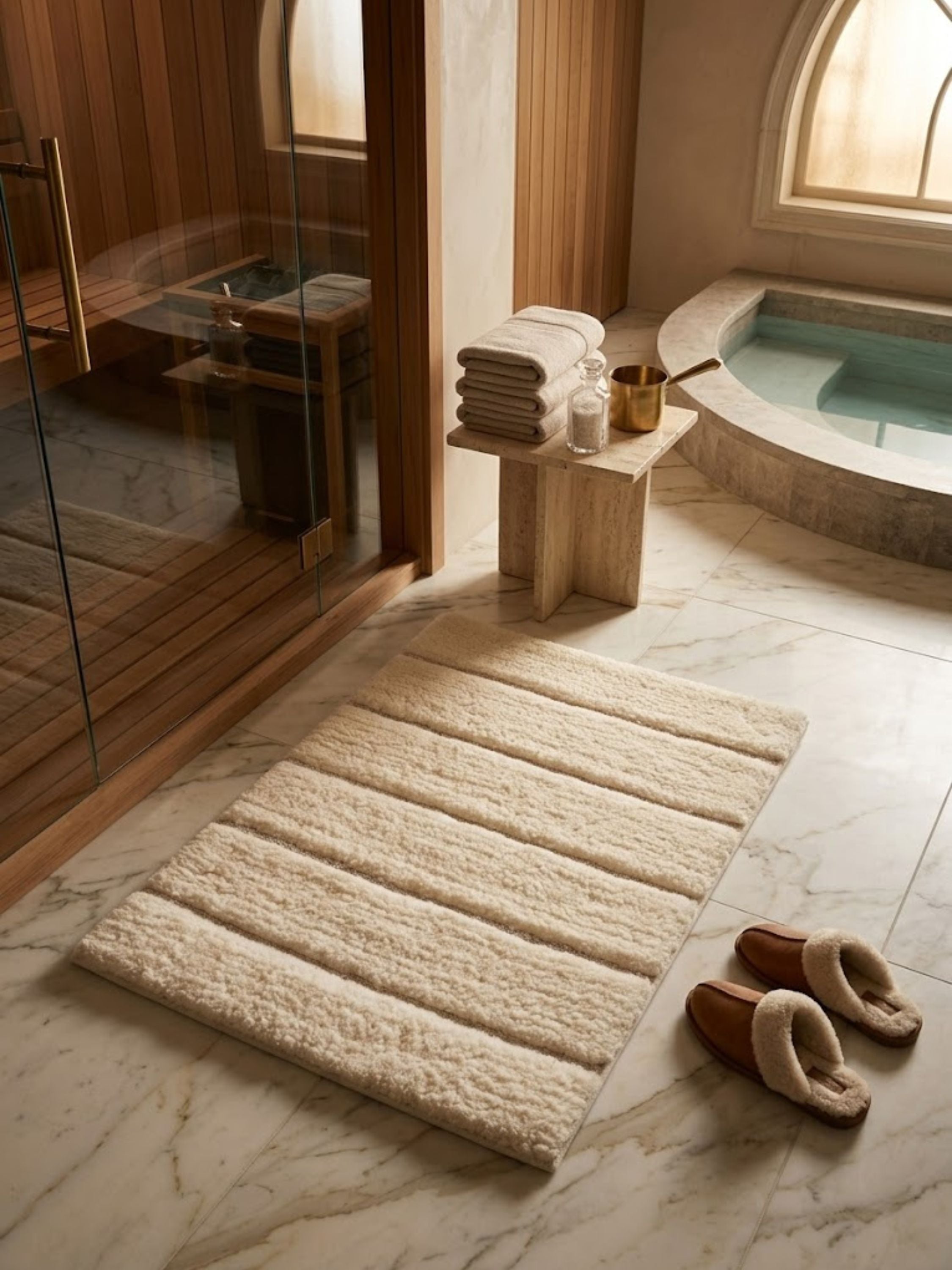 Ivory microfiber bath rug featuring a refined linear ribbed pattern, placed alongside a marble soaking tub and sauna to create a calm, layered, and luxurious retreat.