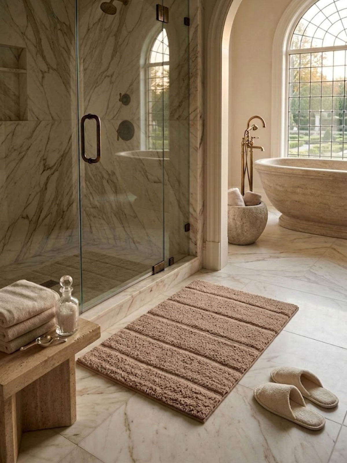 Taupe microfiber bath mat with tonal banding, styled in a stone-tiled bathroom.