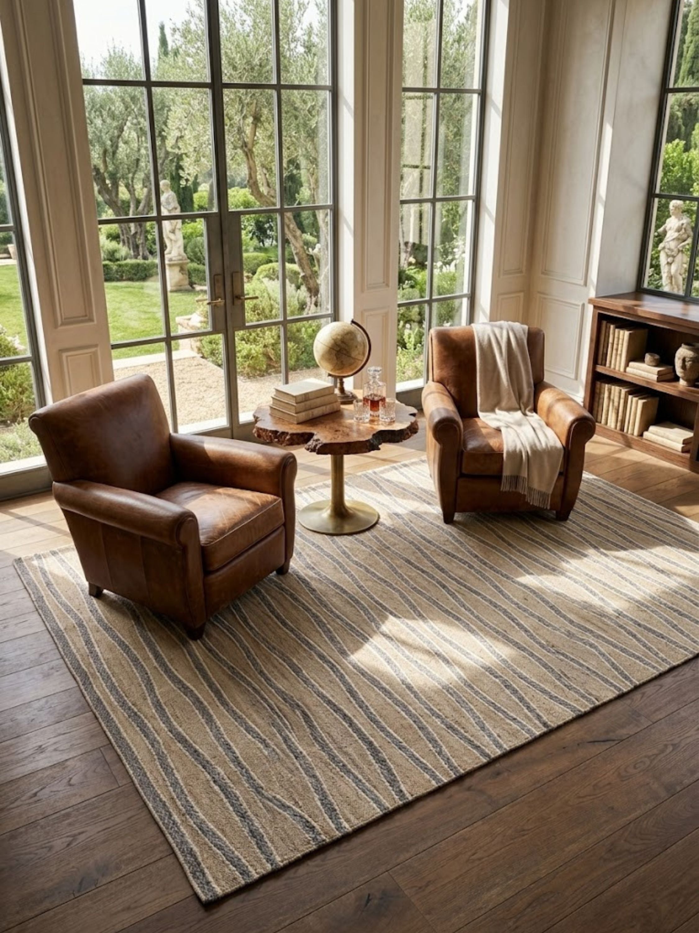 Milford striped wool area rug styled beneath leather lounge chairs, showcasing flowing tonal stripes in warm beige and soft grey for a refined, layered living space.