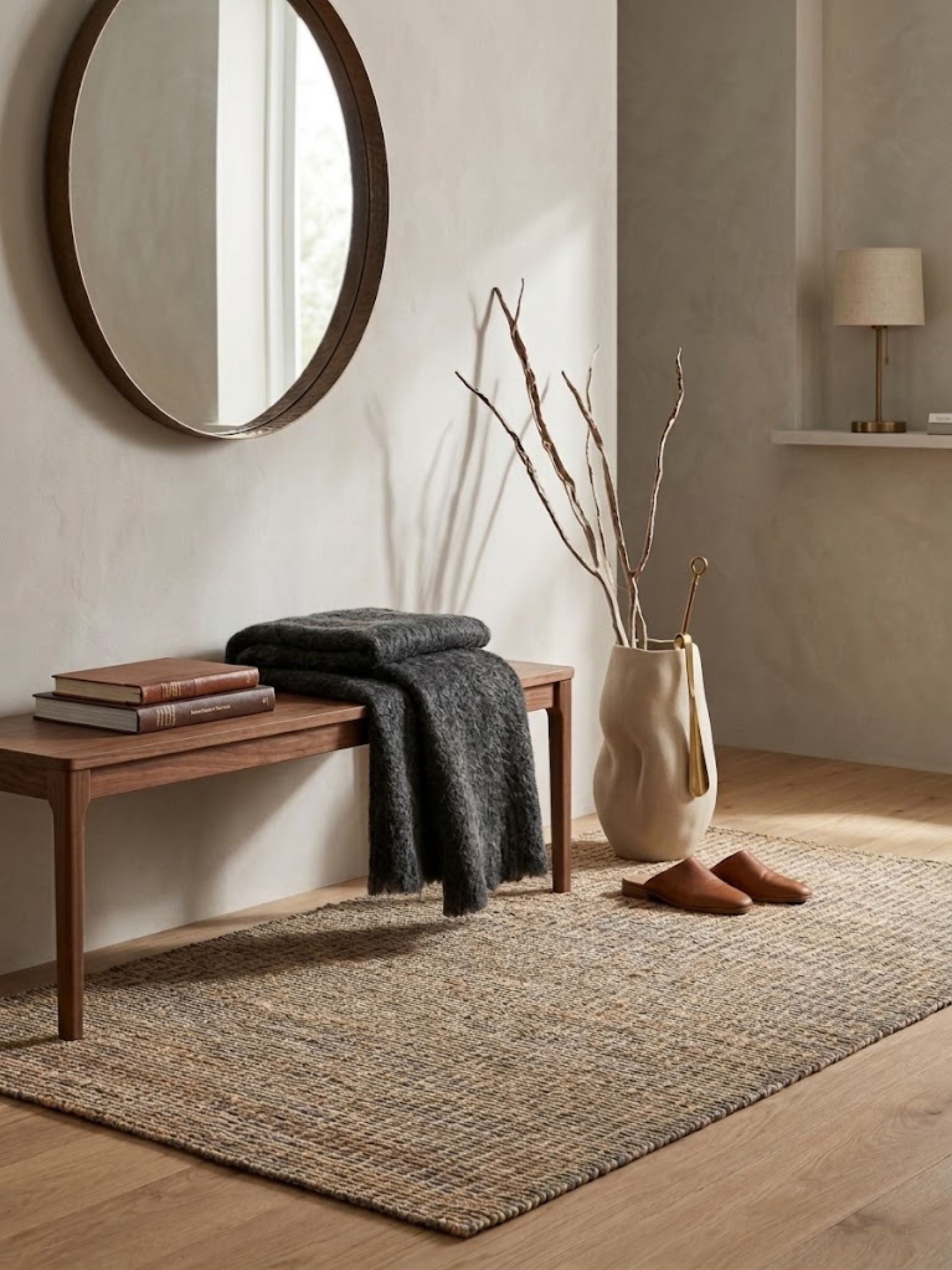 Handwoven wool and jute rug in a natural textured weave placed in a minimal entryway with wood and ceramic accents