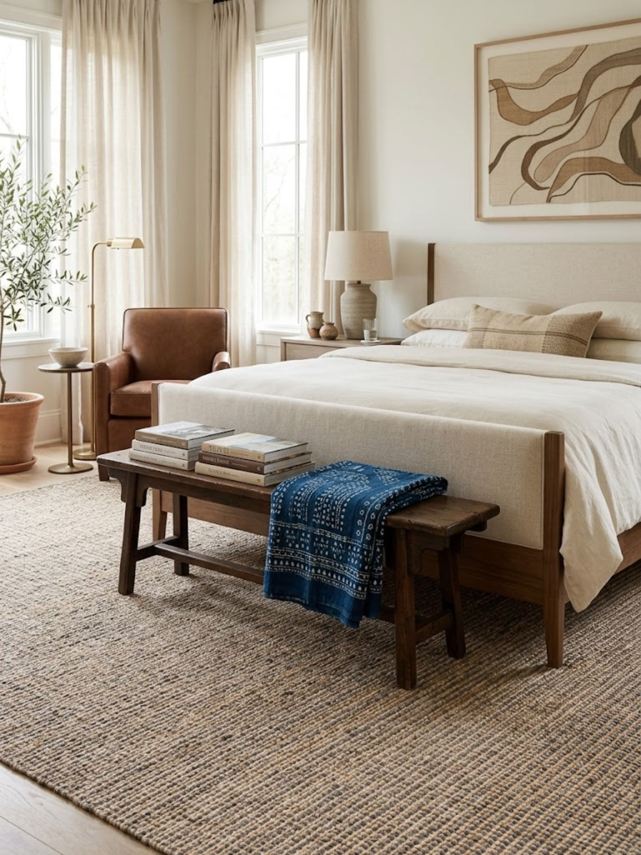 Natural wool and jute area rug with a dense textured weave styled beneath a bed in a calm neutral bedroom