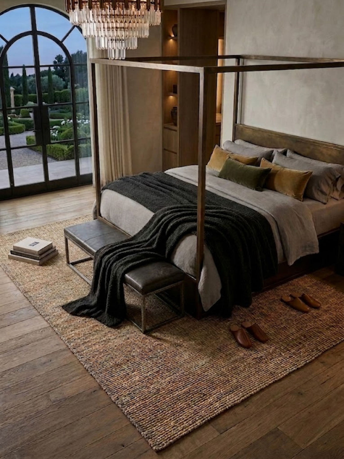 Wool and jute Fuji rug layered beneath a canopy bed, its gradient weave deepening to warm earth tones at the border.