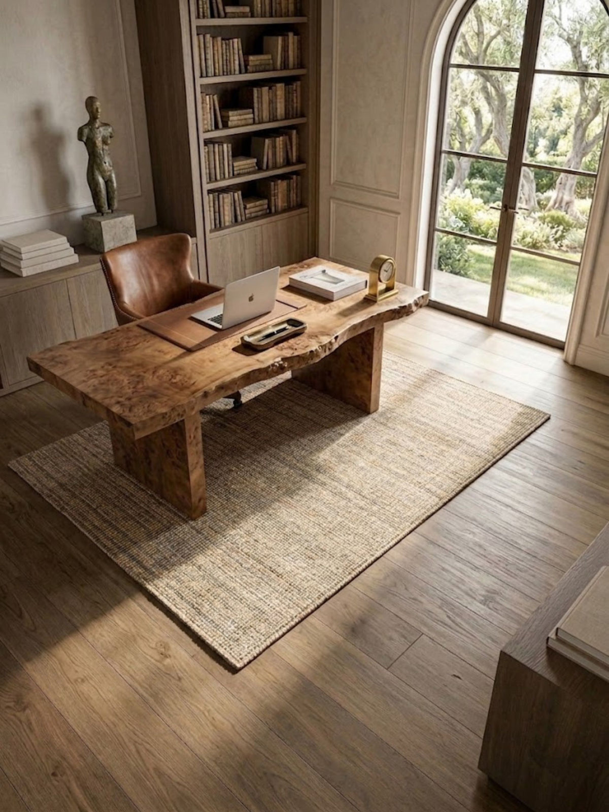 Wool and jute Fuji rug styled beneath a wood desk, its tonal gradient weave adding texture to a home office.
