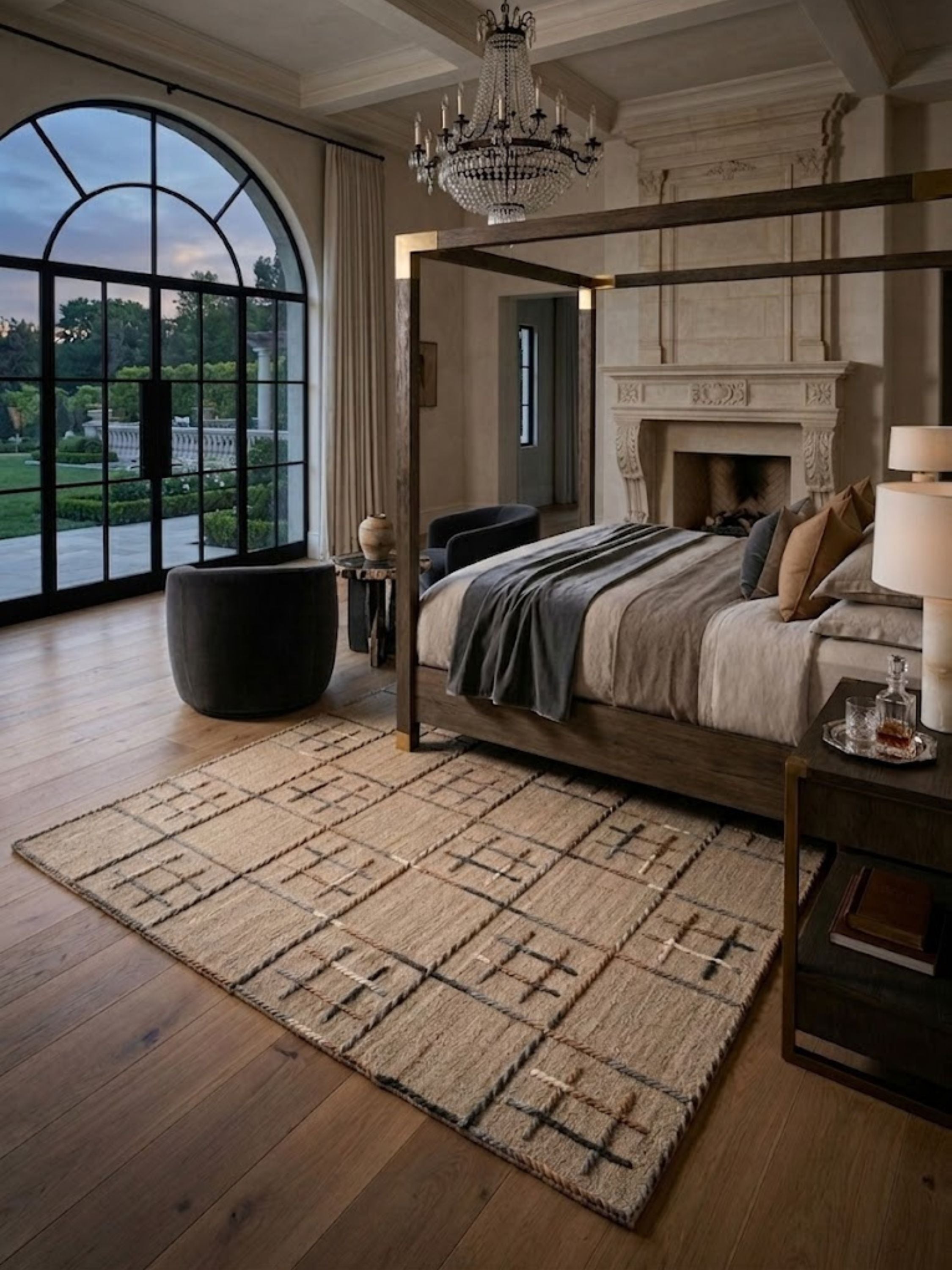 Gilbert geometric wool rug layered beneath a canopy bed, its grid pattern set in neutral tones for a tailored bedroom.