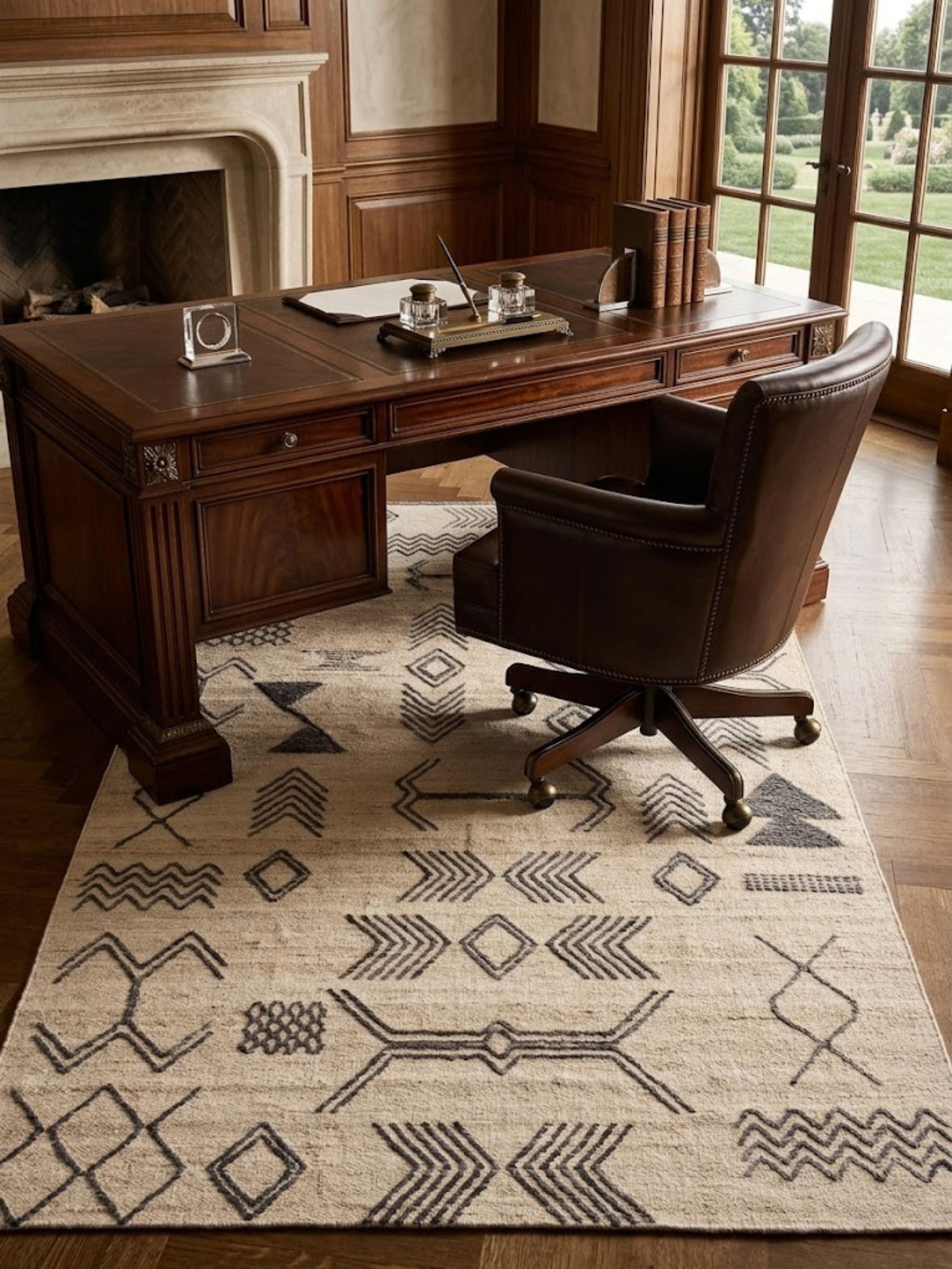 Sand wool rug with charcoal geometric motifs, anchoring a home office.