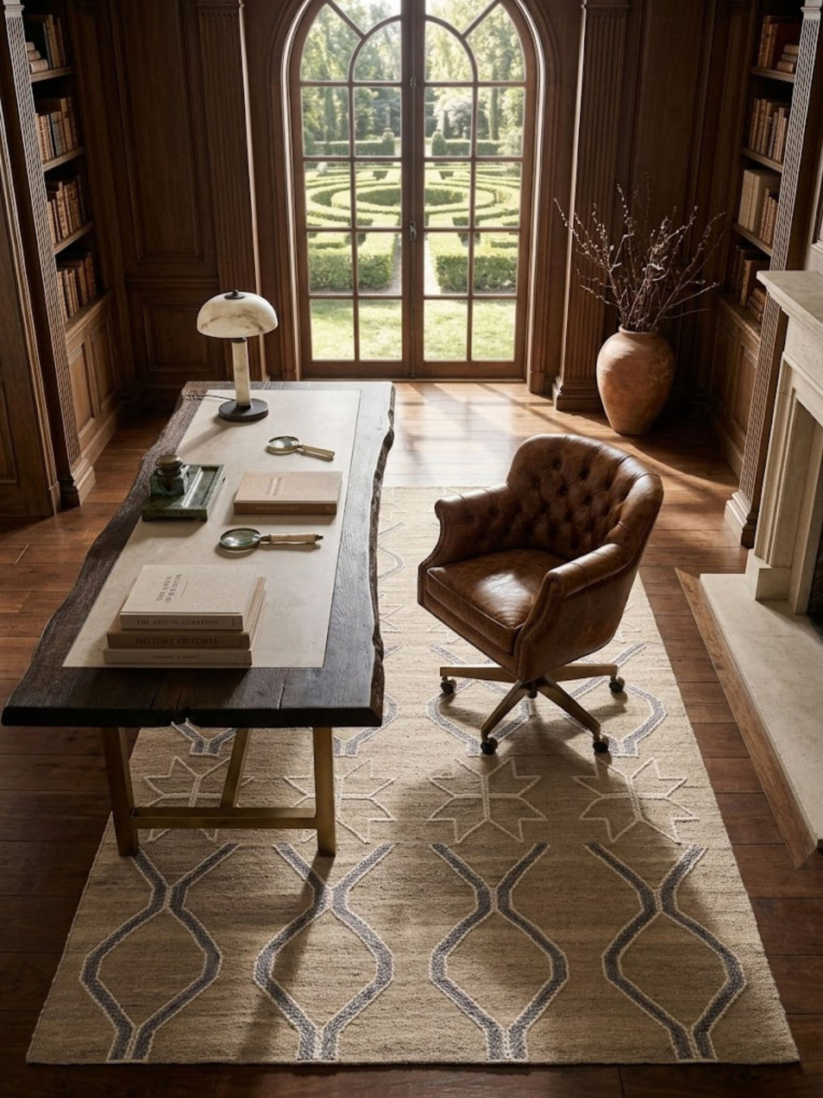 Wool rug with cream and grey-blue geometric motifs, anchoring a home office.