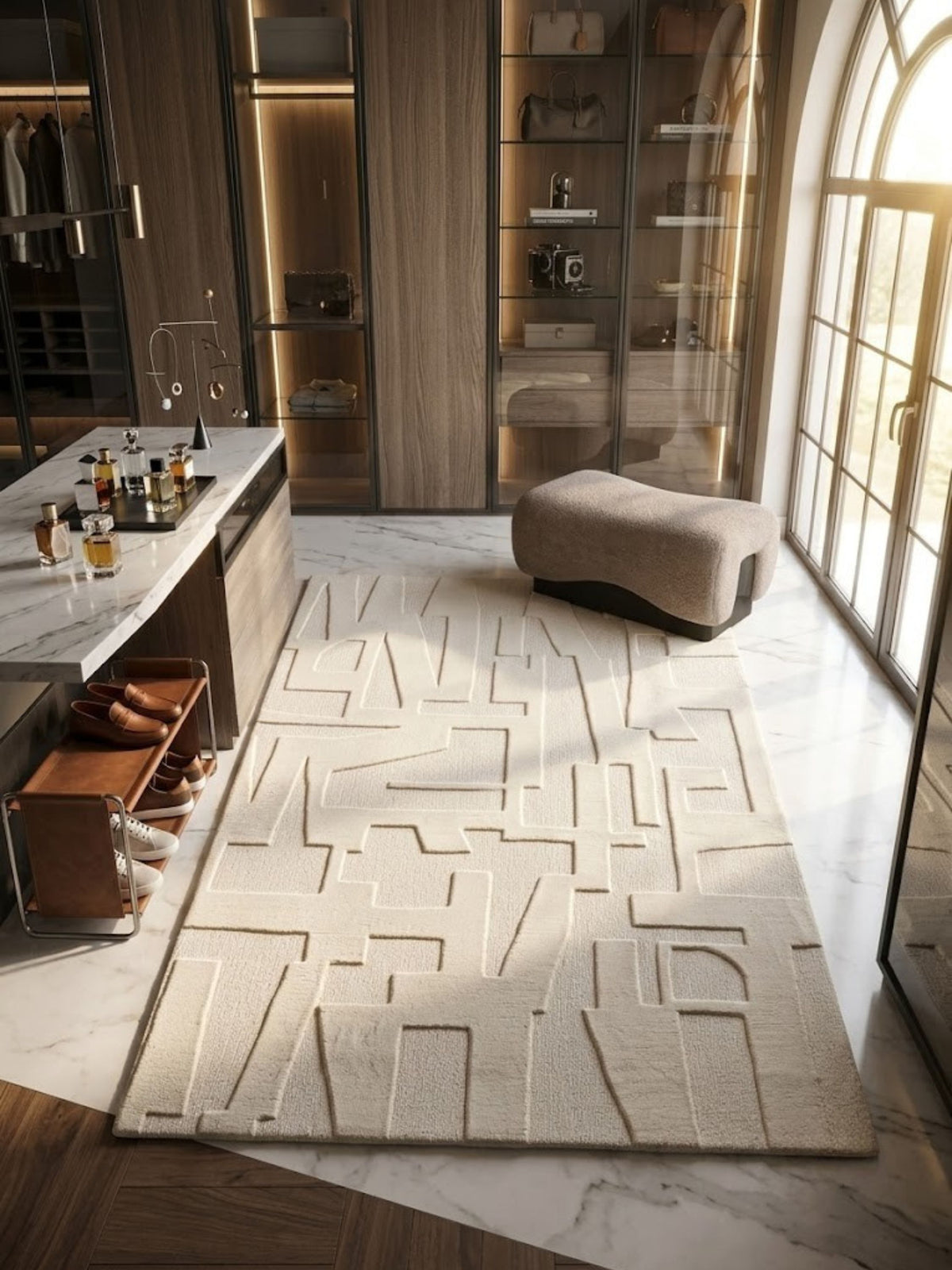 Ivory wool and cotton rug with an abstract carved pattern, styled in a walk-in closet.