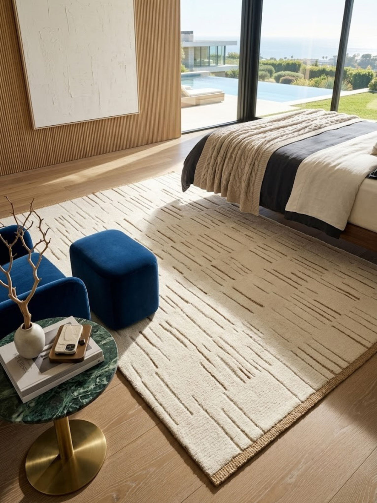 Ivory wool and jute rug styled in a bedroom, staggered grooves exposing the jute base beneath.