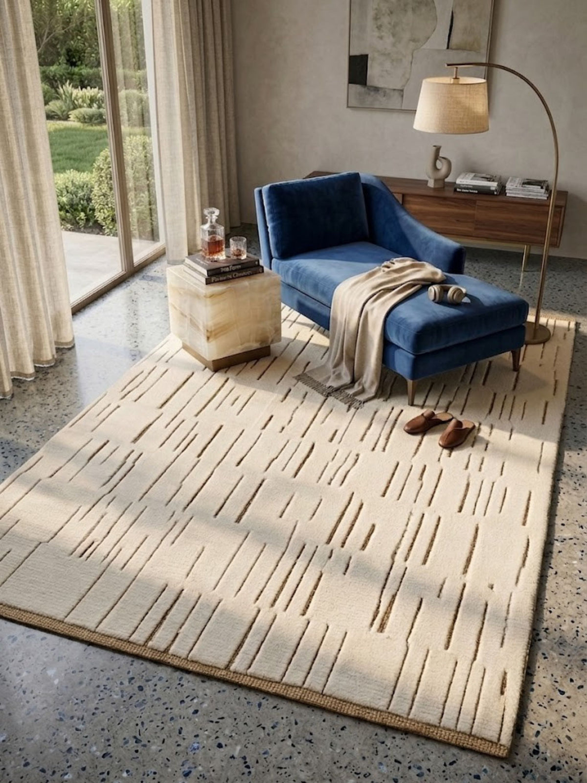 Ivory wool and jute rug styled in a living space, raw jute border visible at the rug's edge.