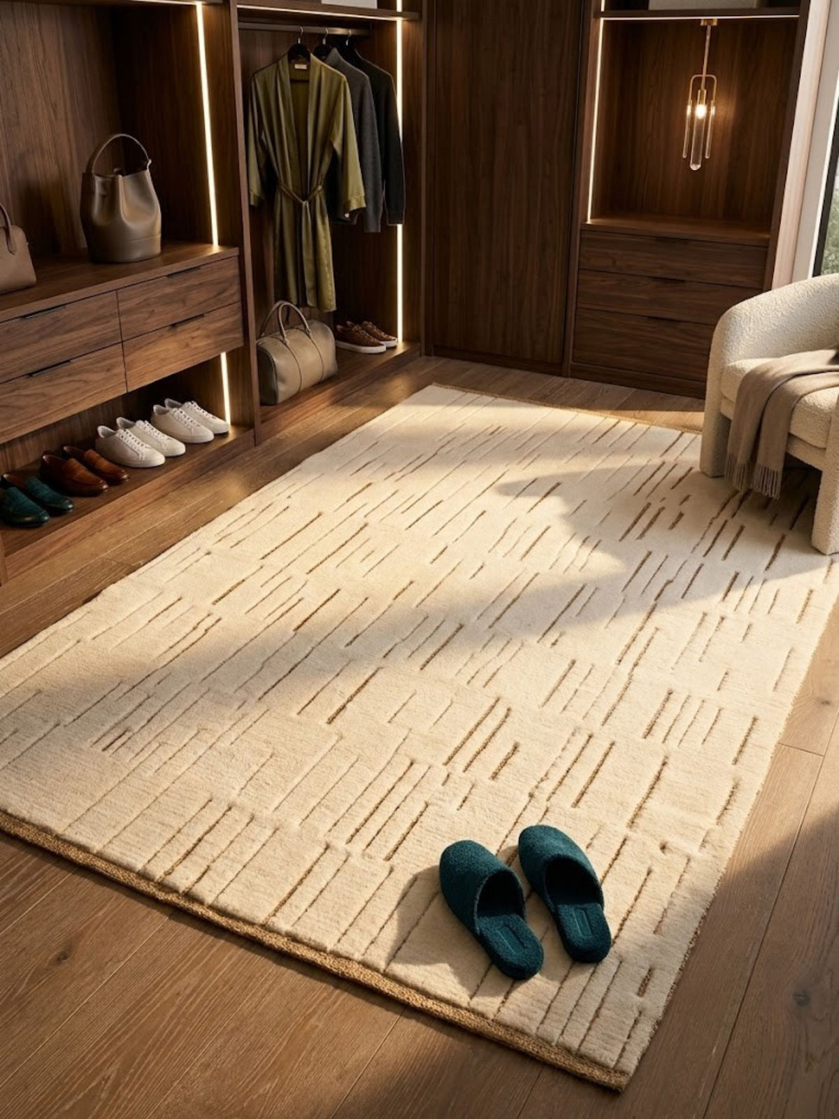 Ivory wool and jute rug styled in an interior setting, jute lines visible along the staggered grooves.