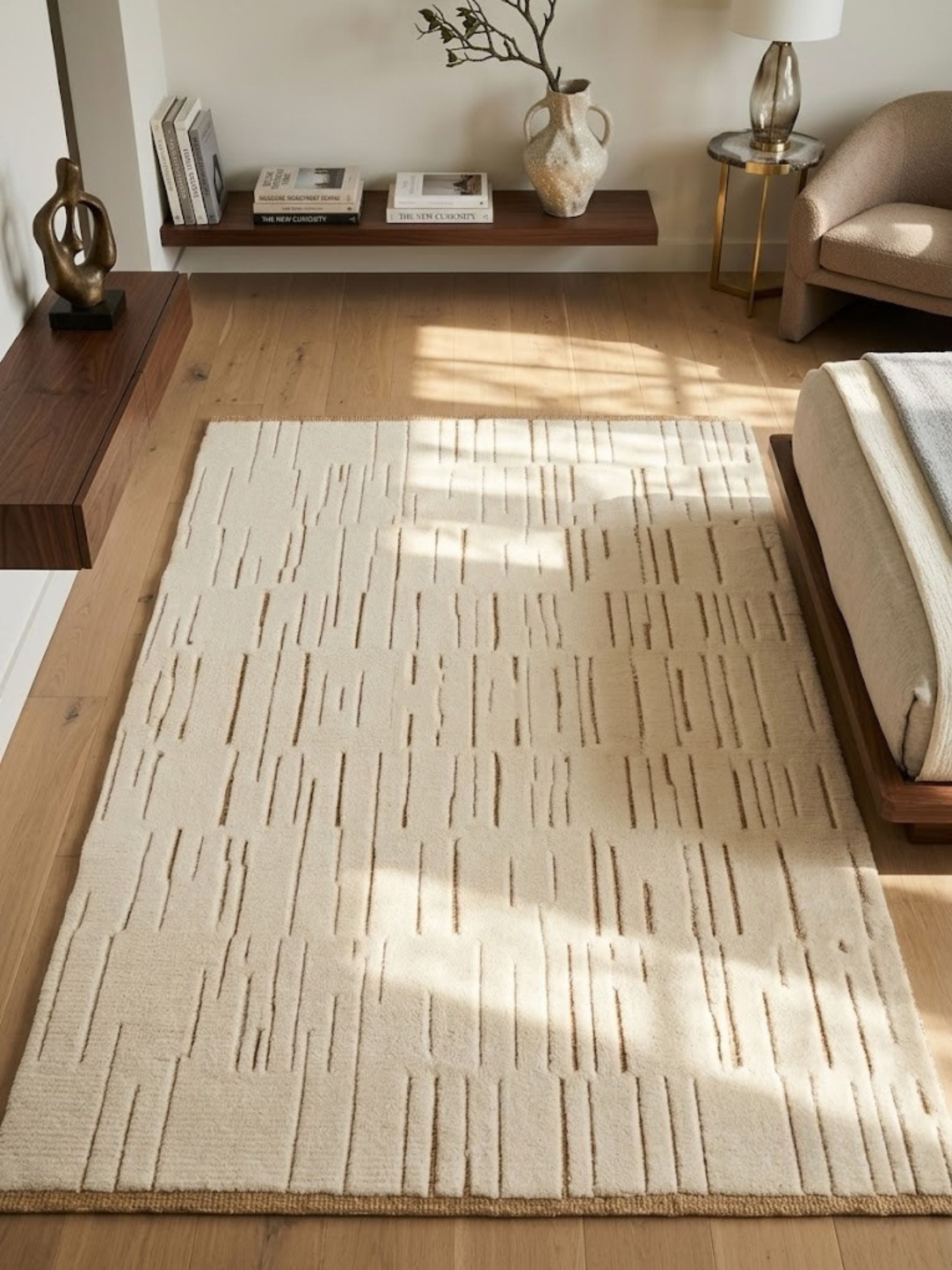 Ivory wool and jute rug styled in a sunlit room, jute lines visible along the staggered grooves.