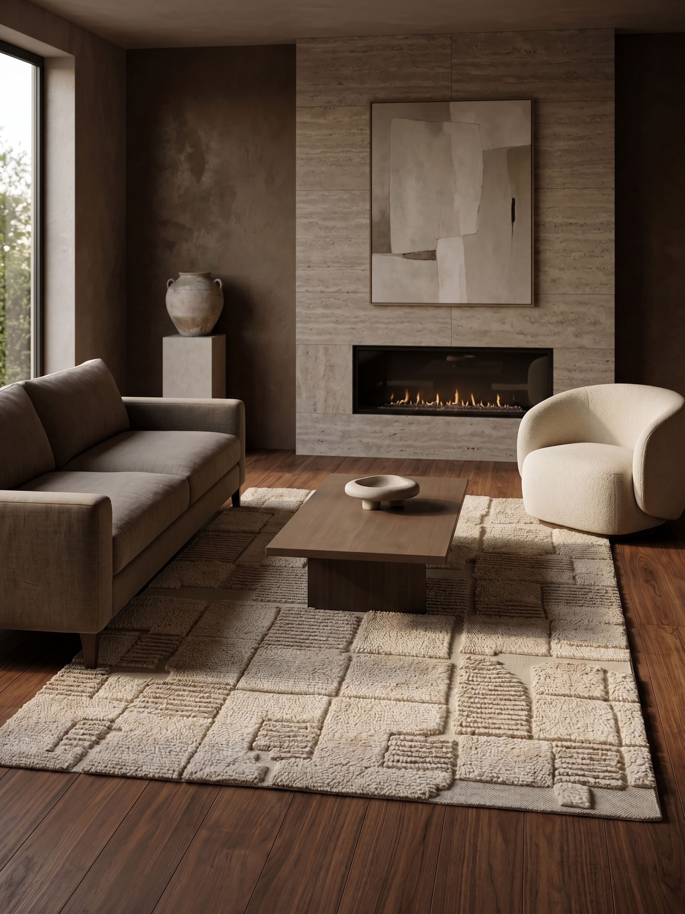 Hand tufted wool area rug in ivory with sculpted geometric texture styled in a modern living room