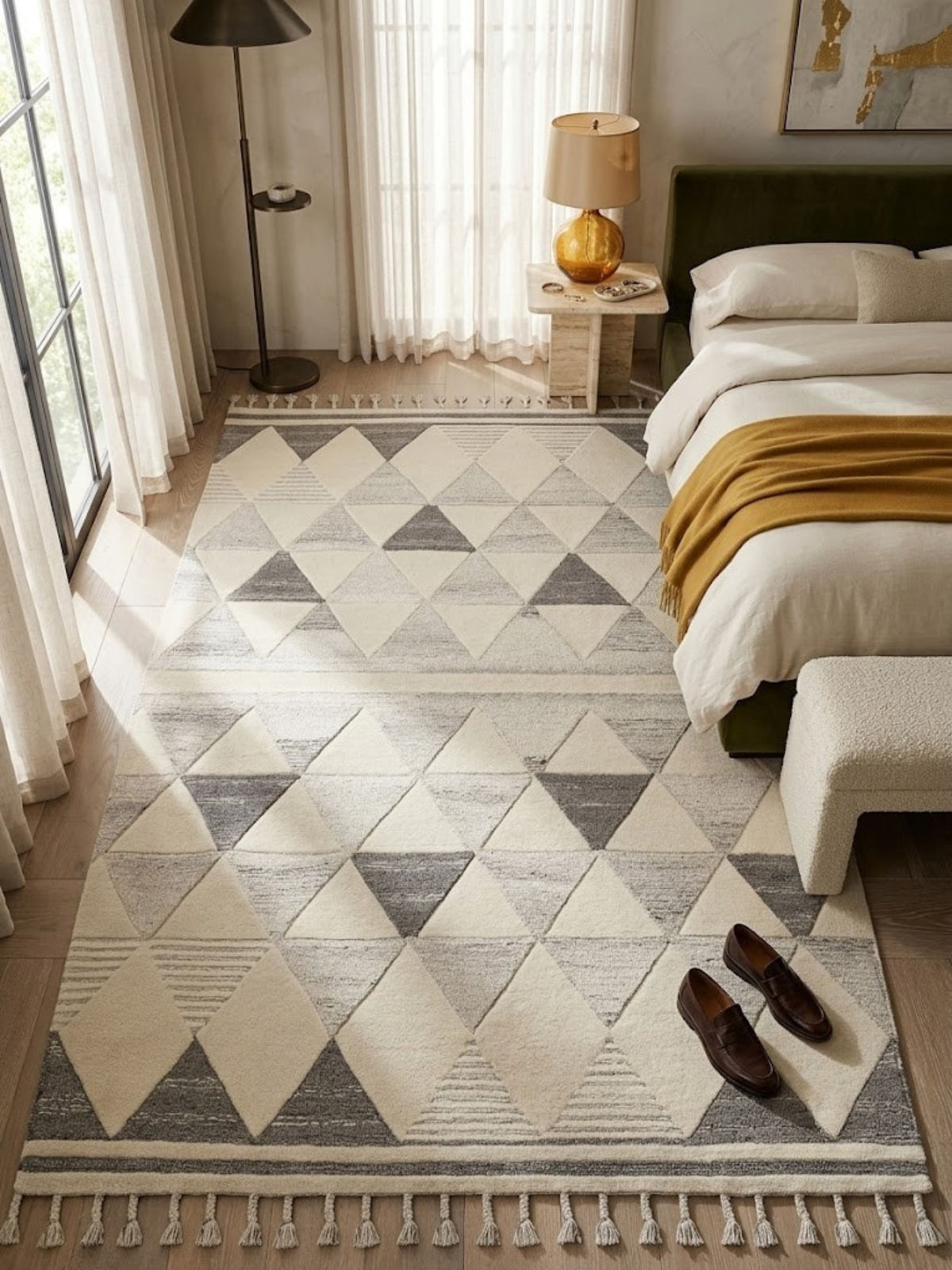 Wool and cotton rug with alternating triangles, styled in a closet-style space with shelving.