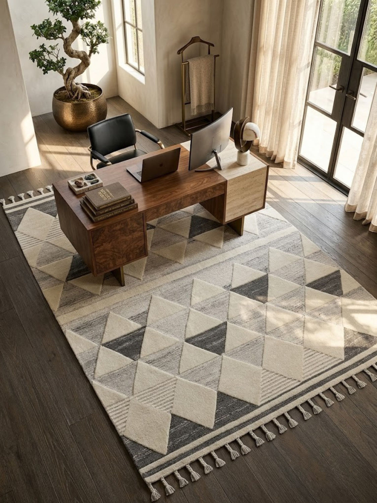 Wool and cotton rug in ivory and charcoal, styled in an entryway setting.