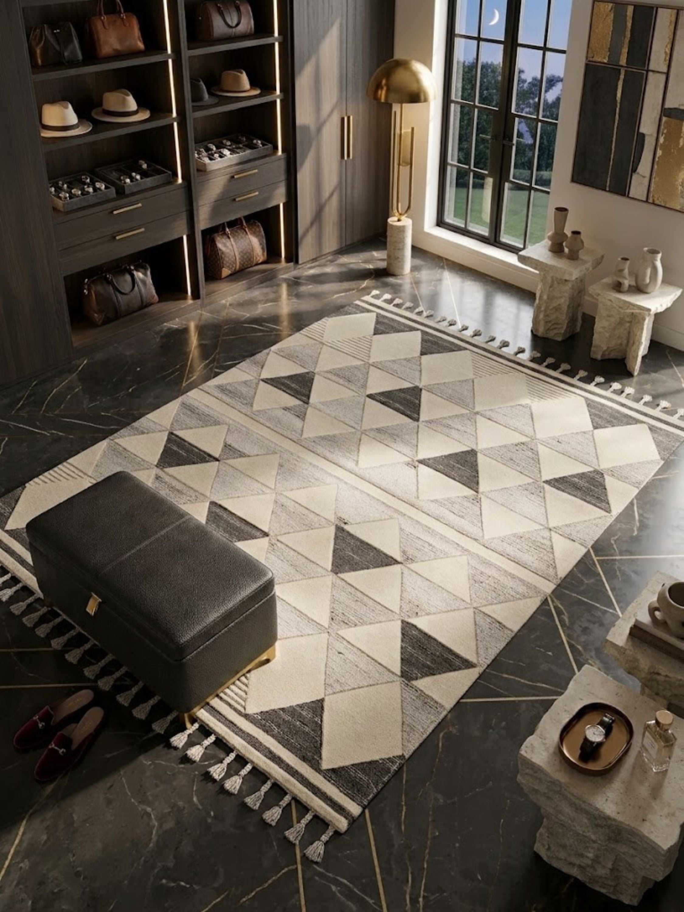 Wool and cotton rug styled in a warmly lit evening interior, charcoal ground between the triangles.