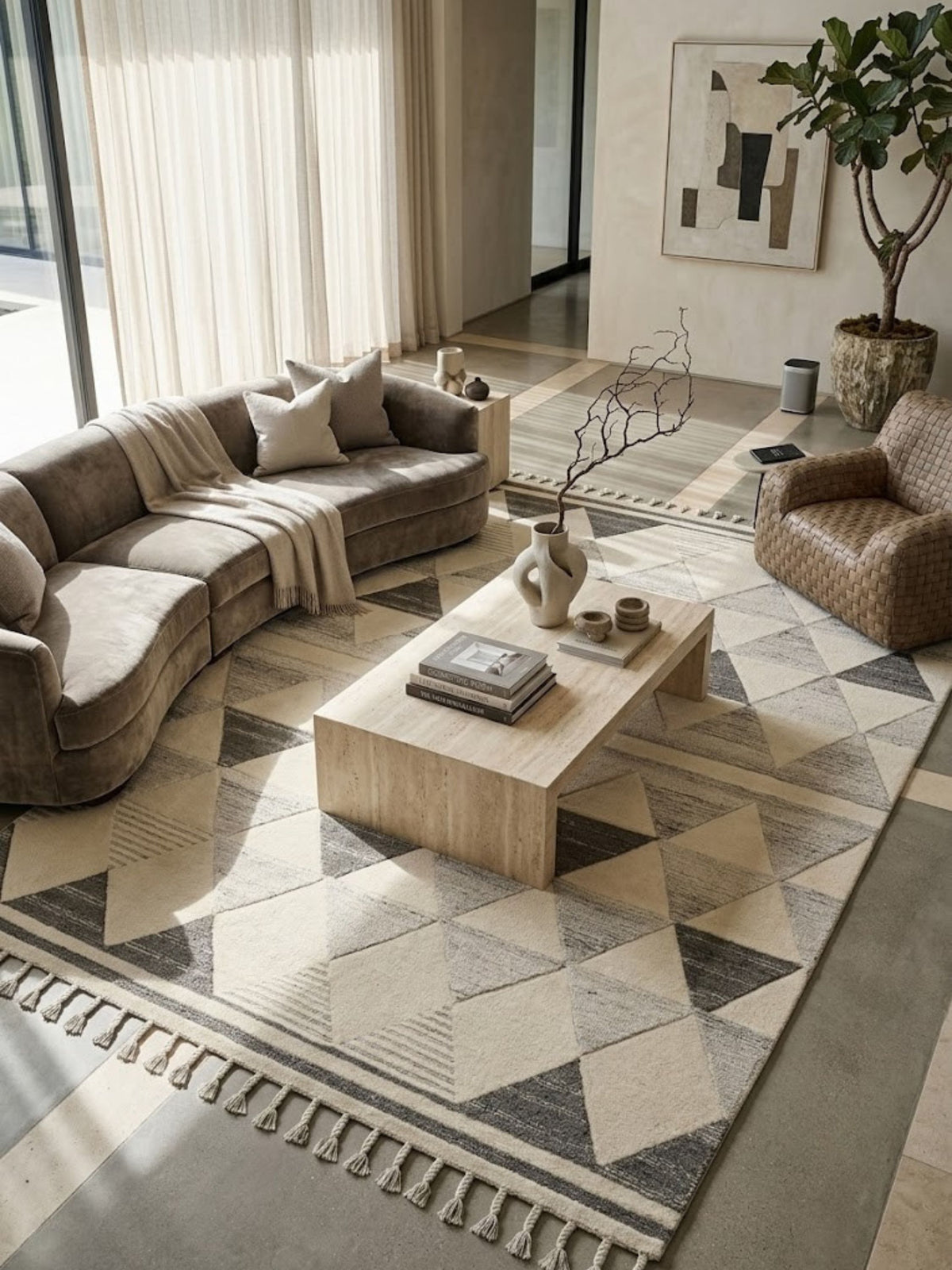 Wool and cotton rug styled in a living space, twisted tassel fringe visible at the edge.