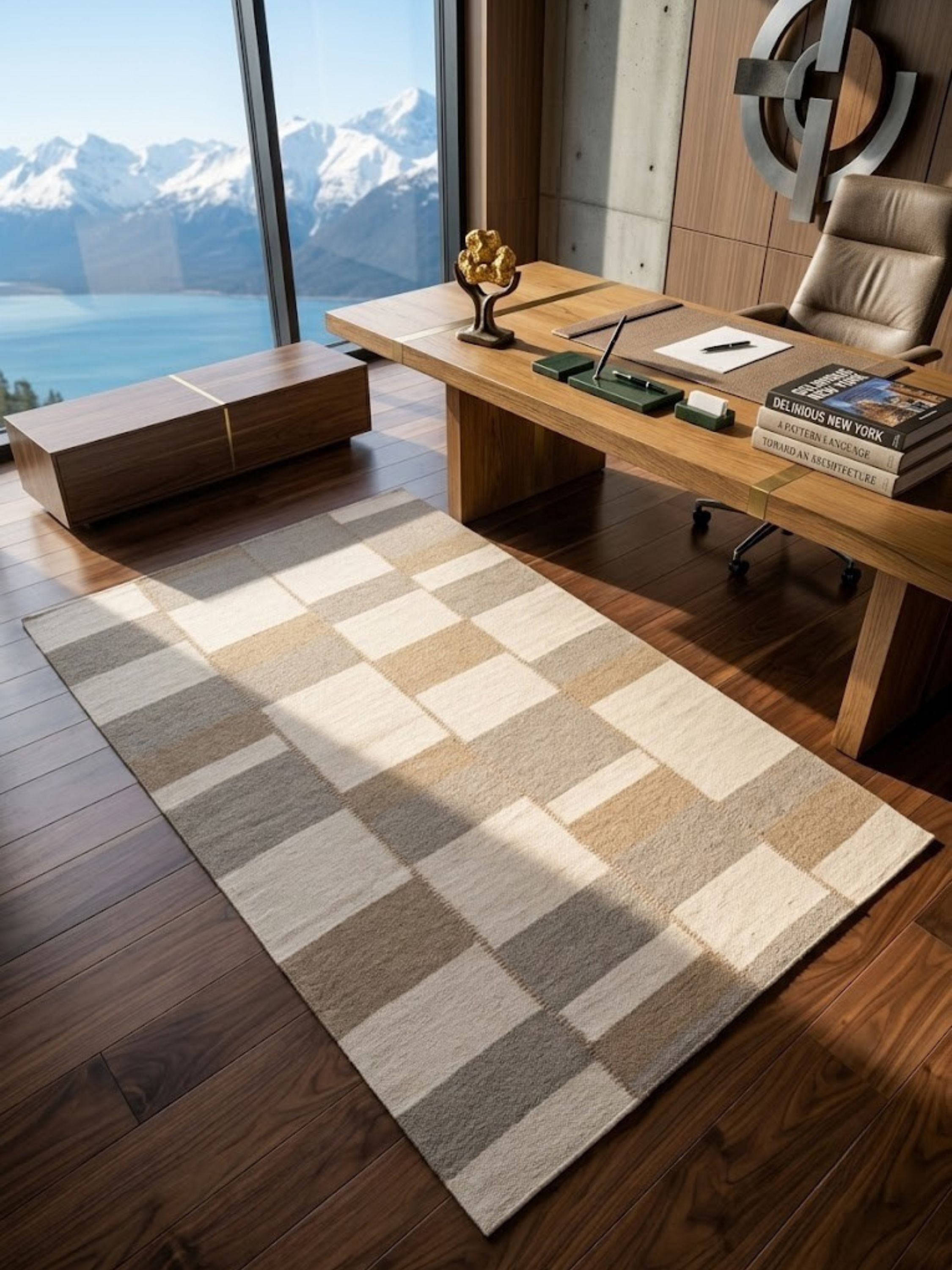 Wool rug with a close, flatweave texture, styled in a sunlit room near a window.