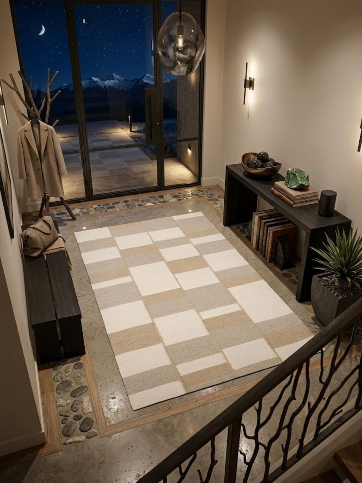 Wool rug with staggered tonal blocks, styled on the floor near a console table.