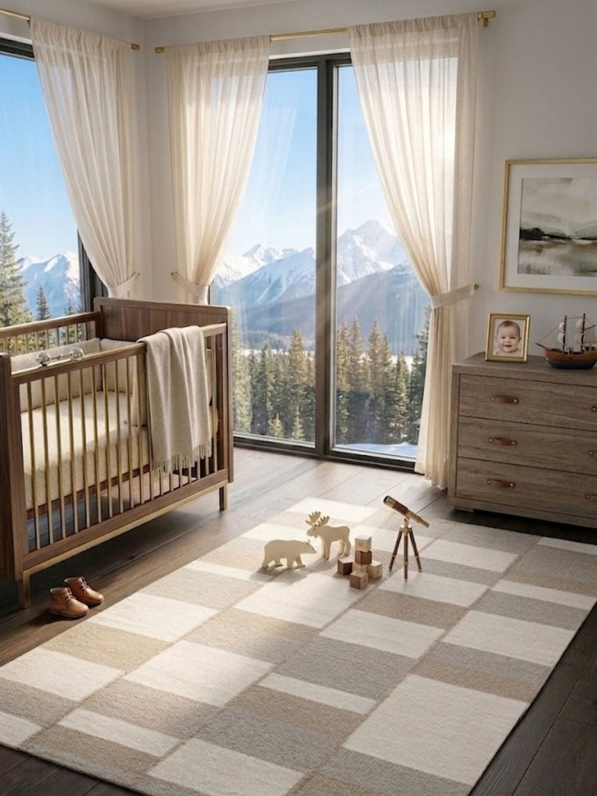 Wool rug with staggered tonal blocks, styled in a room with soft natural light.