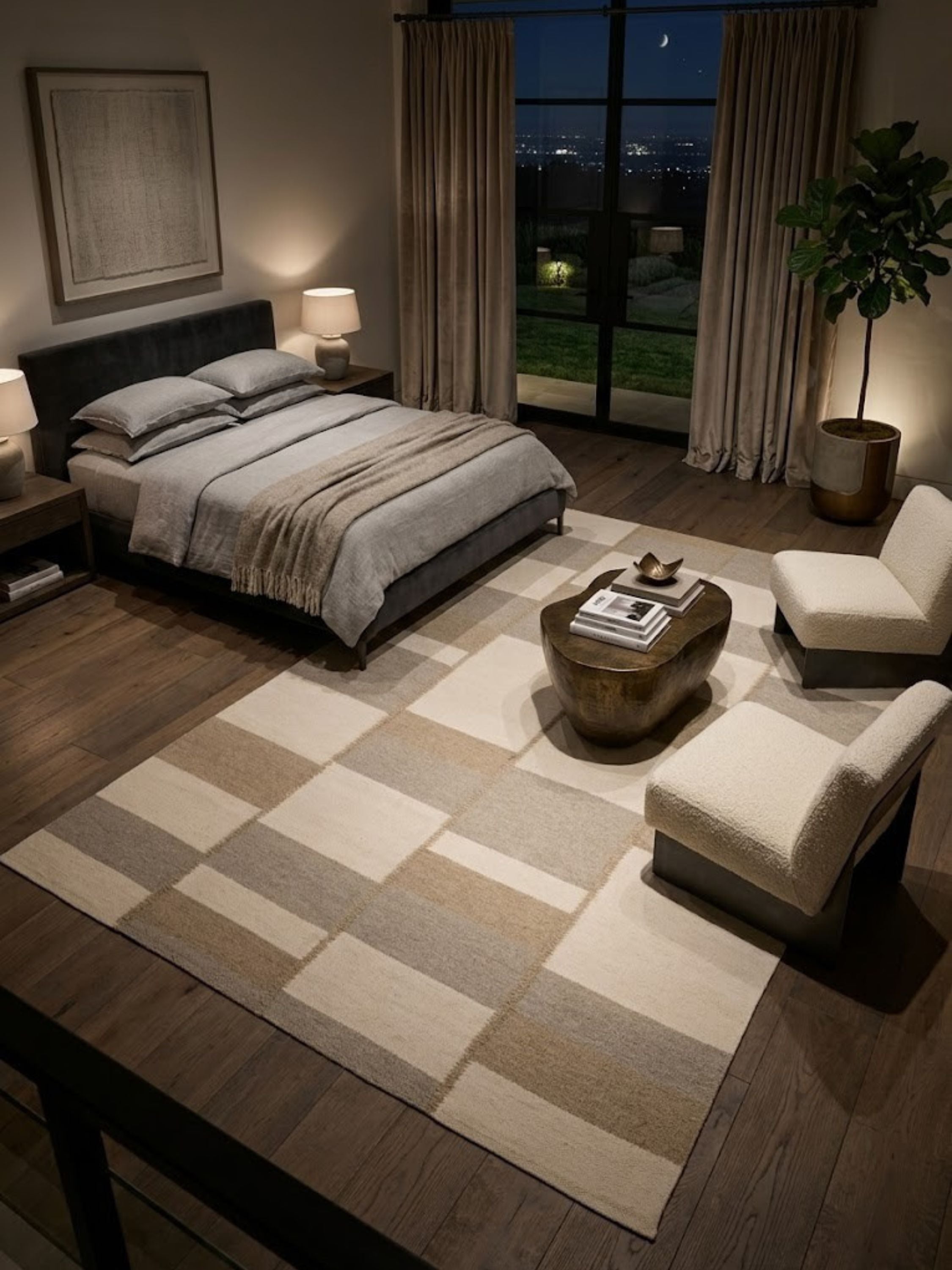 Wool rug in an ivory, beige, and taupe colorway, styled in a bedroom.