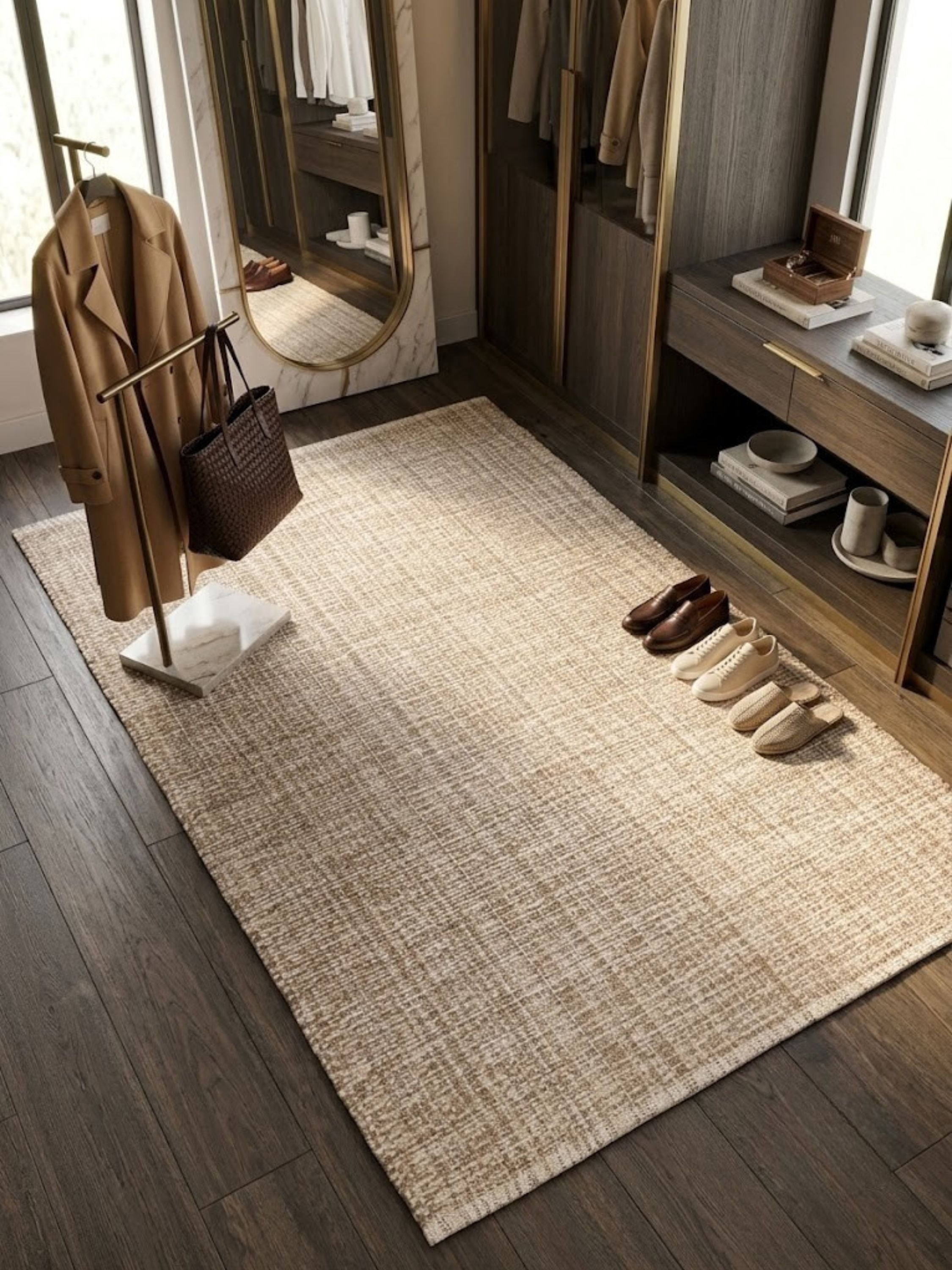 Wool-cotton rug with a chunky bundled texture, styled in a dressing room.