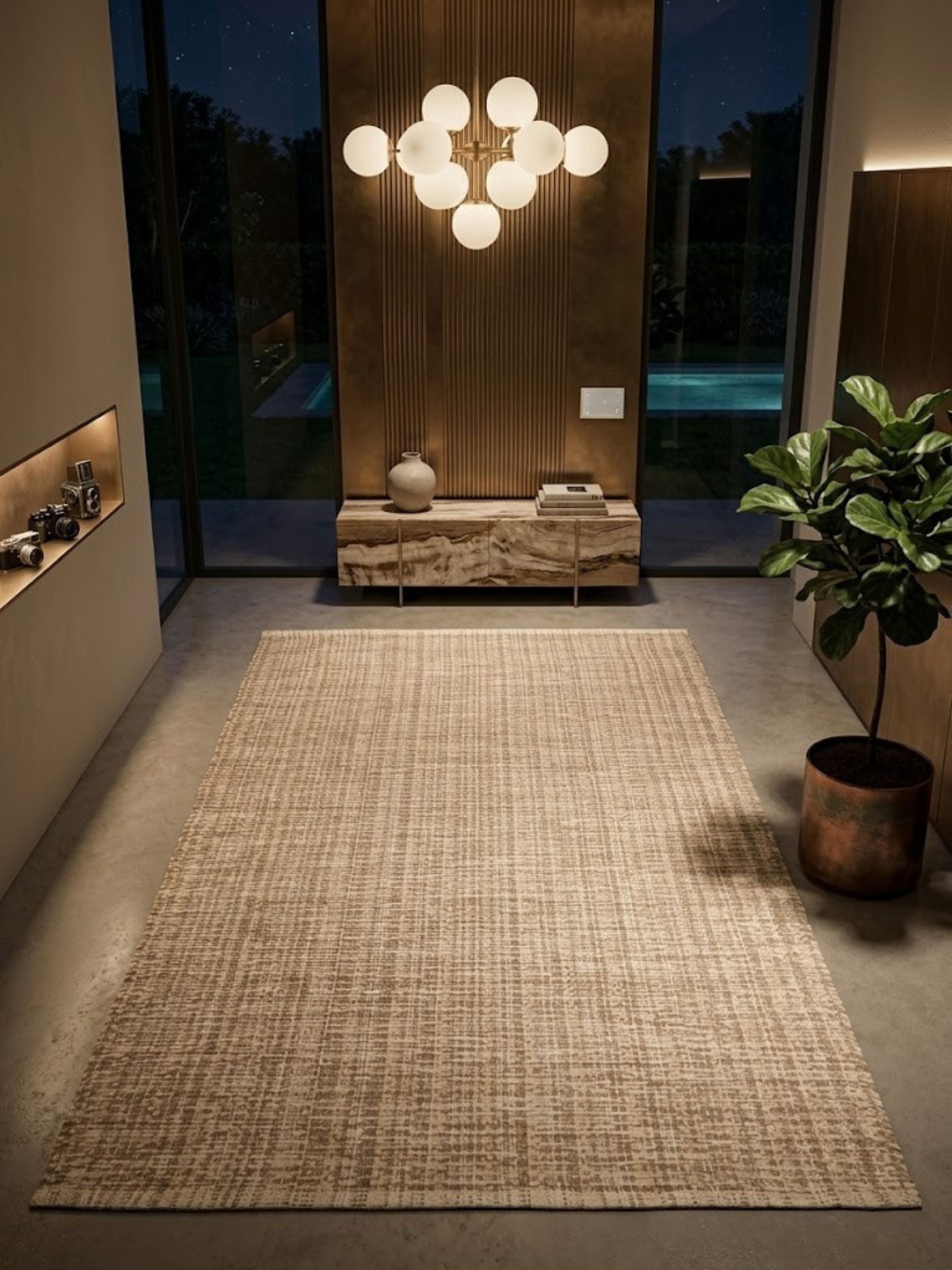 Wool-cotton rug in a tonal warm colorway, styled in an entryway.