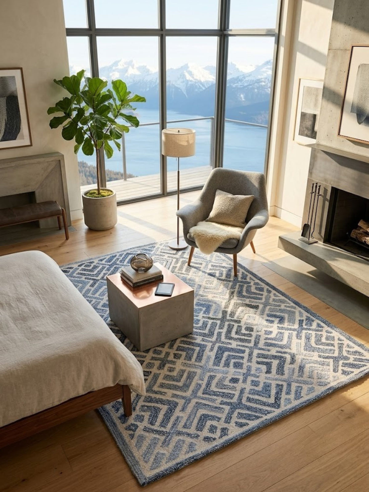 Wool and denim rug with a hand-tufted pile texture, styled in a bedroom.
