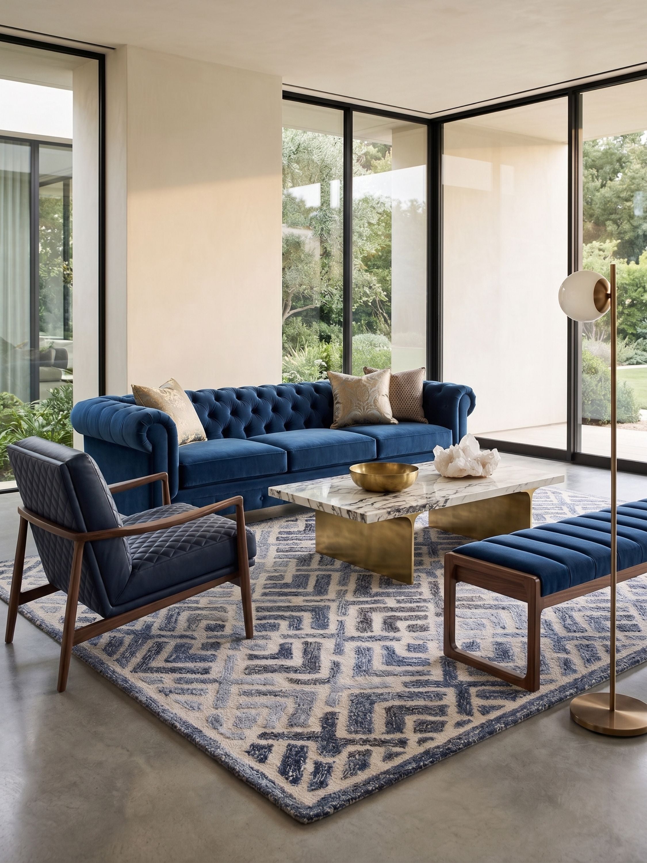 Blue geometric patterned wool and upcycled denim area rug styled in a modern living room with sofa and coffee table