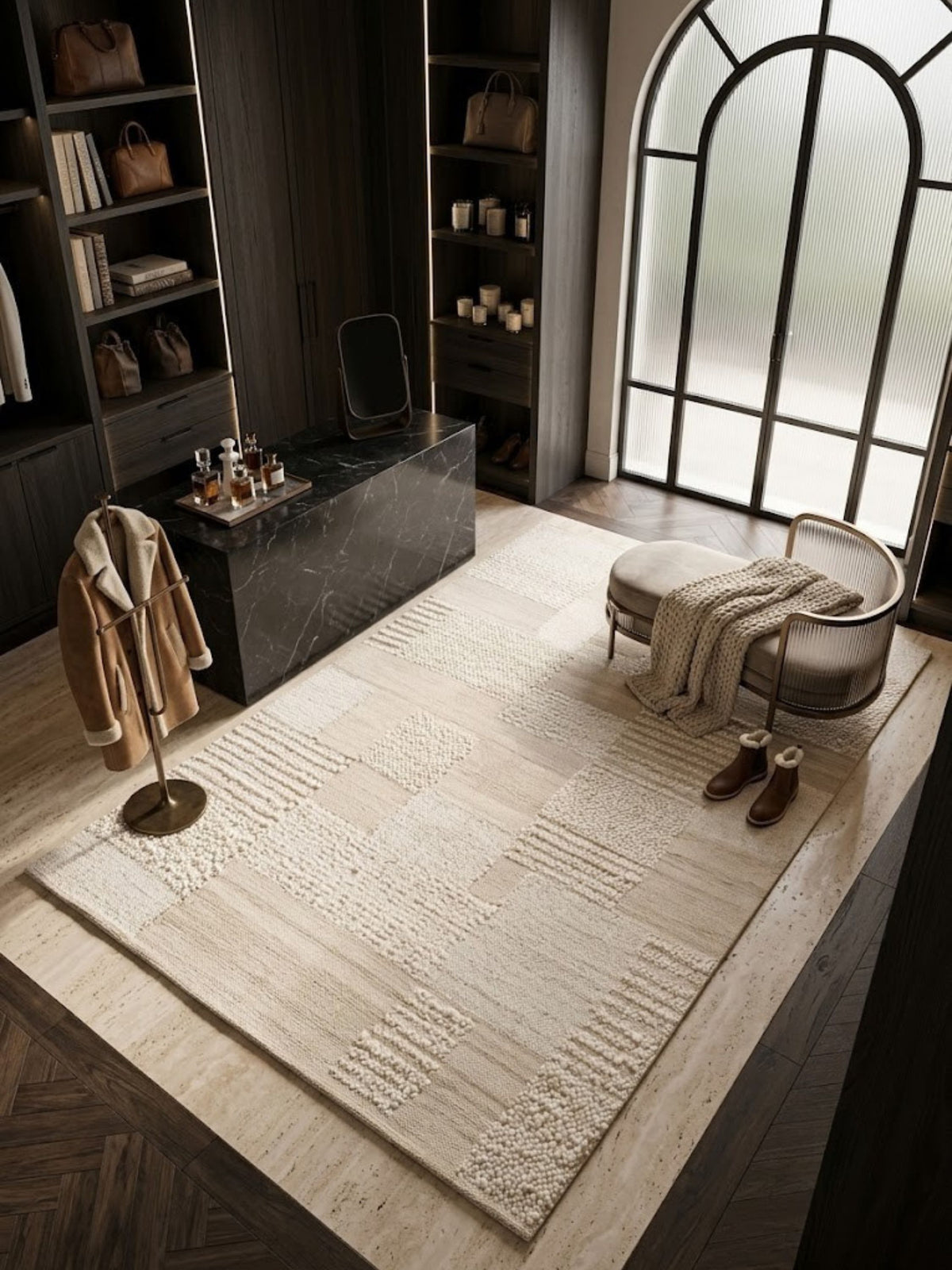 Wool rug with a looped knot texture, styled on a room floor beside a window.