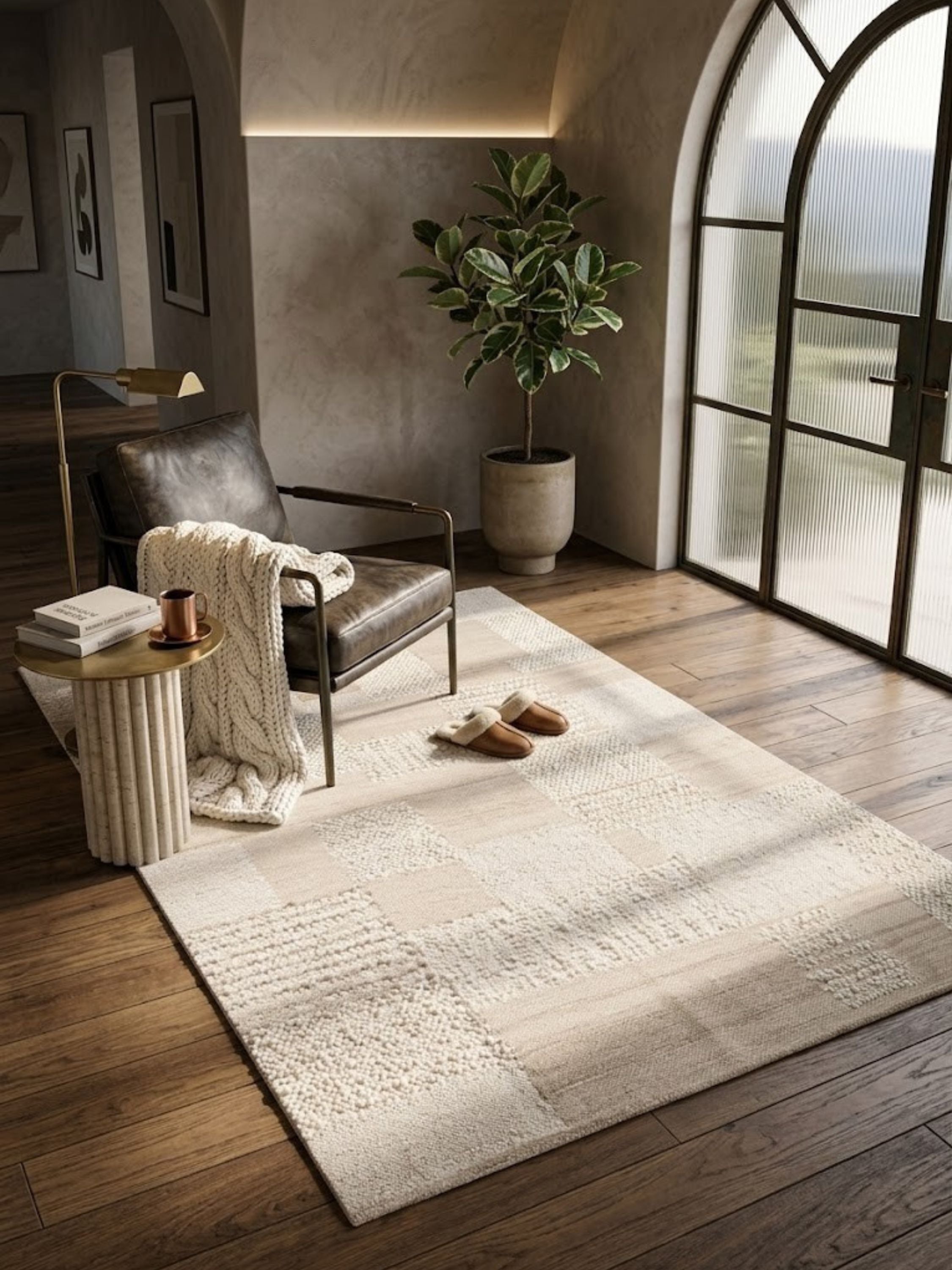 Wool rug with a flatwoven block pattern, styled beside a low bed.