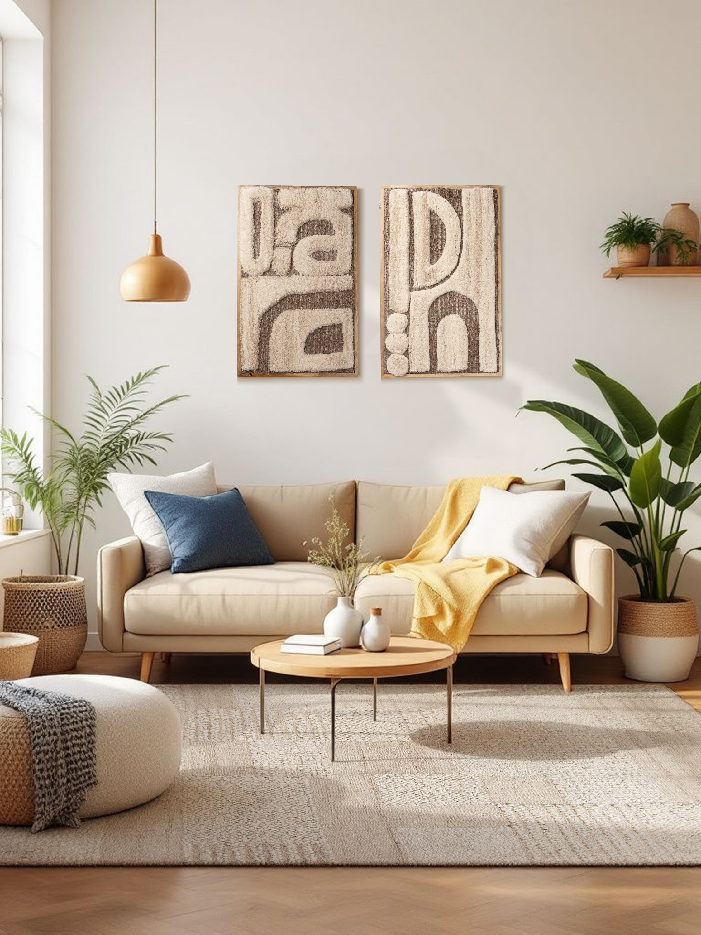 Minerva rug in a modern living room setting showcasing its warm neutral palette and handcrafted character