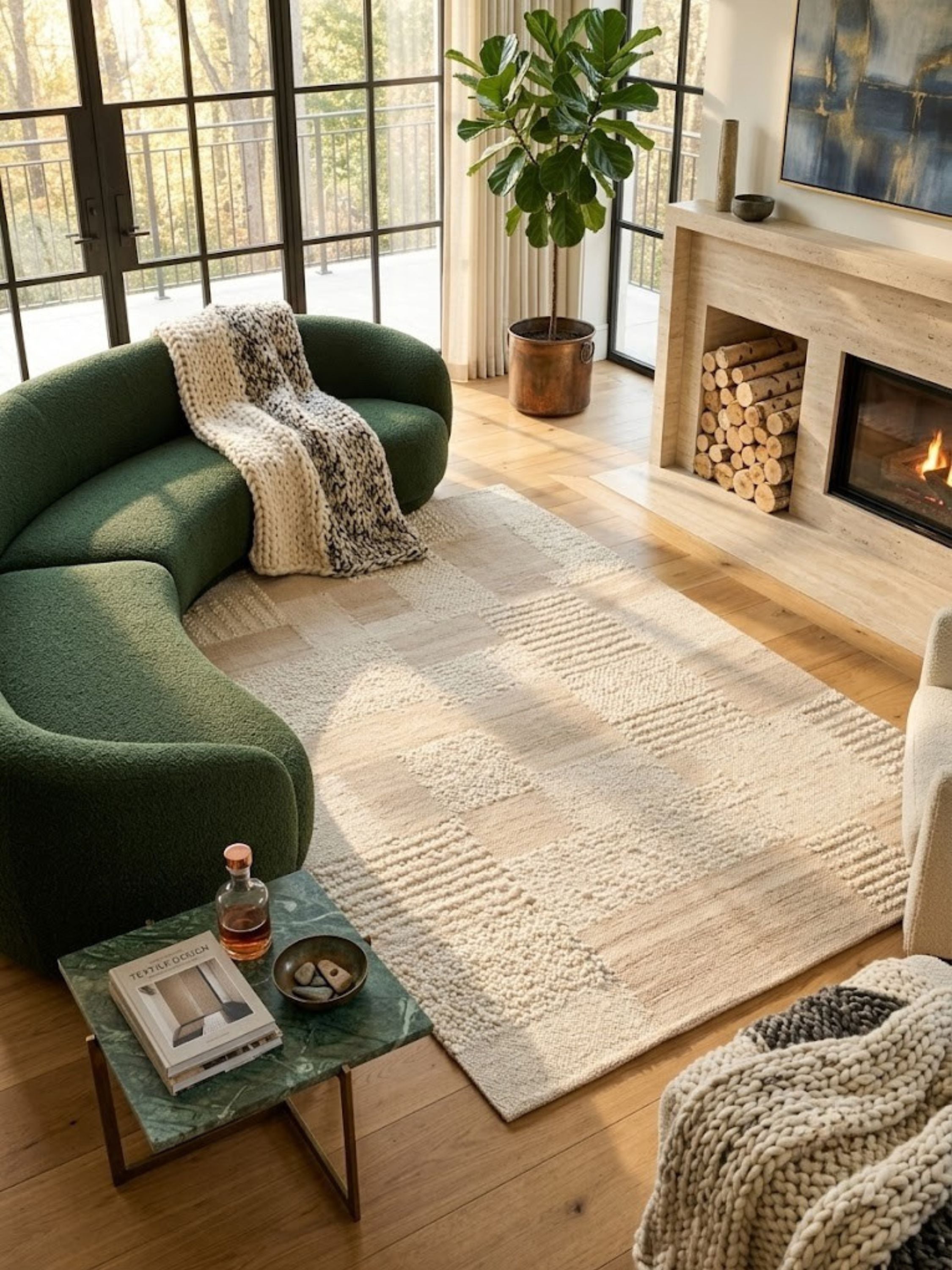 Wool rug with a close-woven texture, styled in a living room with seating.