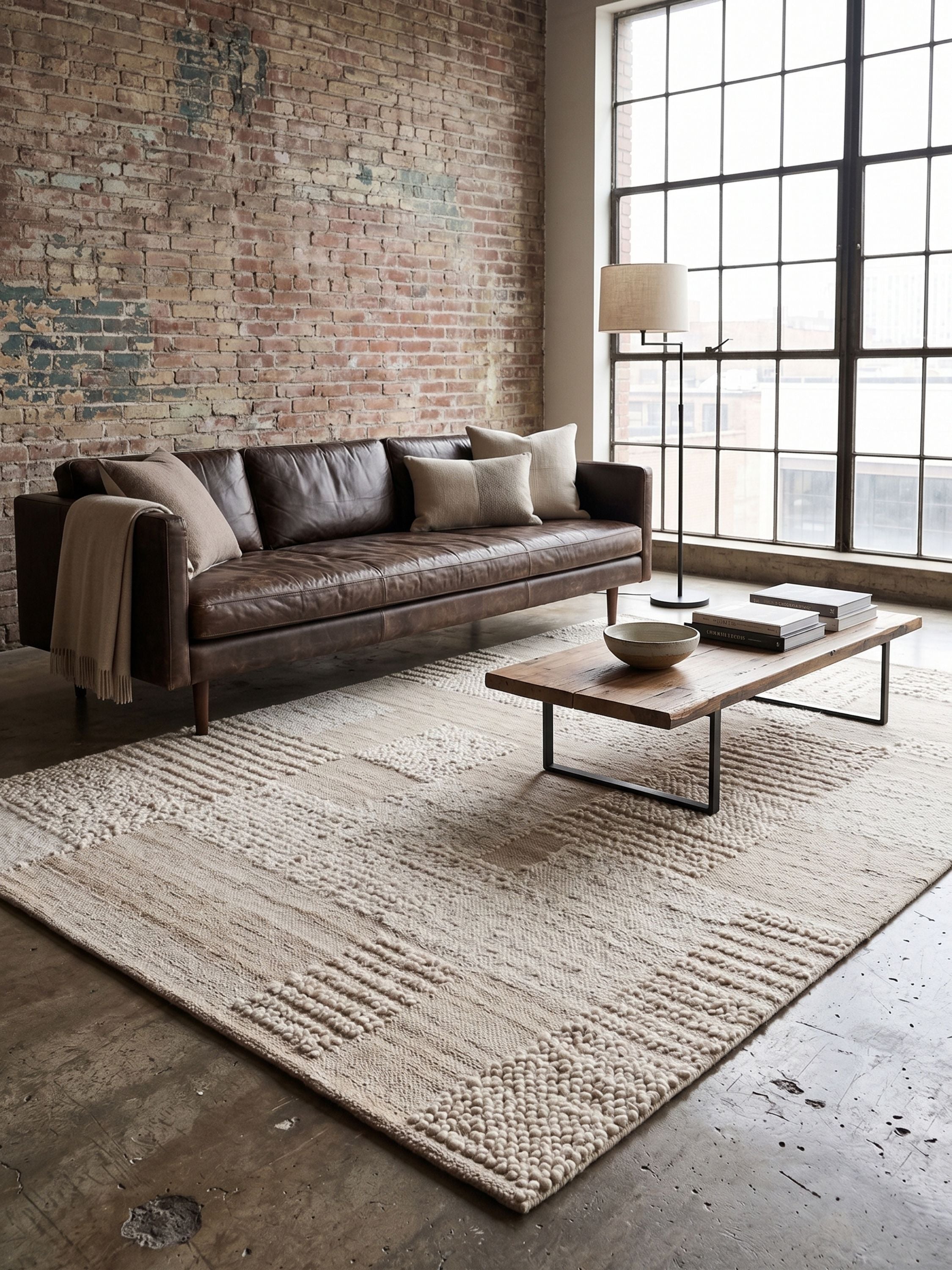 Neutral wool and cotton area rug with textured surface and tonal pattern styled in a living room with leather sofa and wooden coffee table