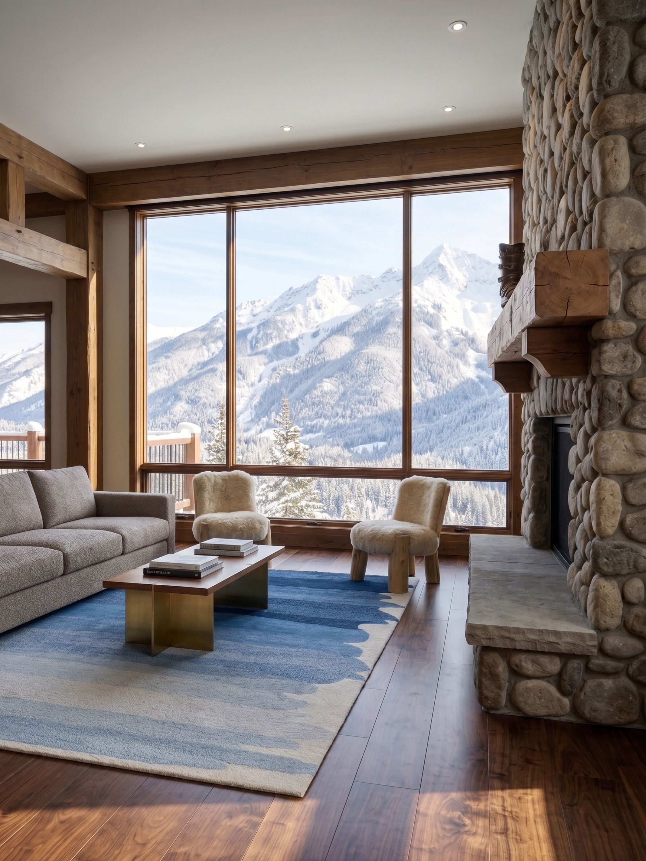 Blue gradient wool tufted area rug with soft tonal transition styled in a living room with large windows and mountain view