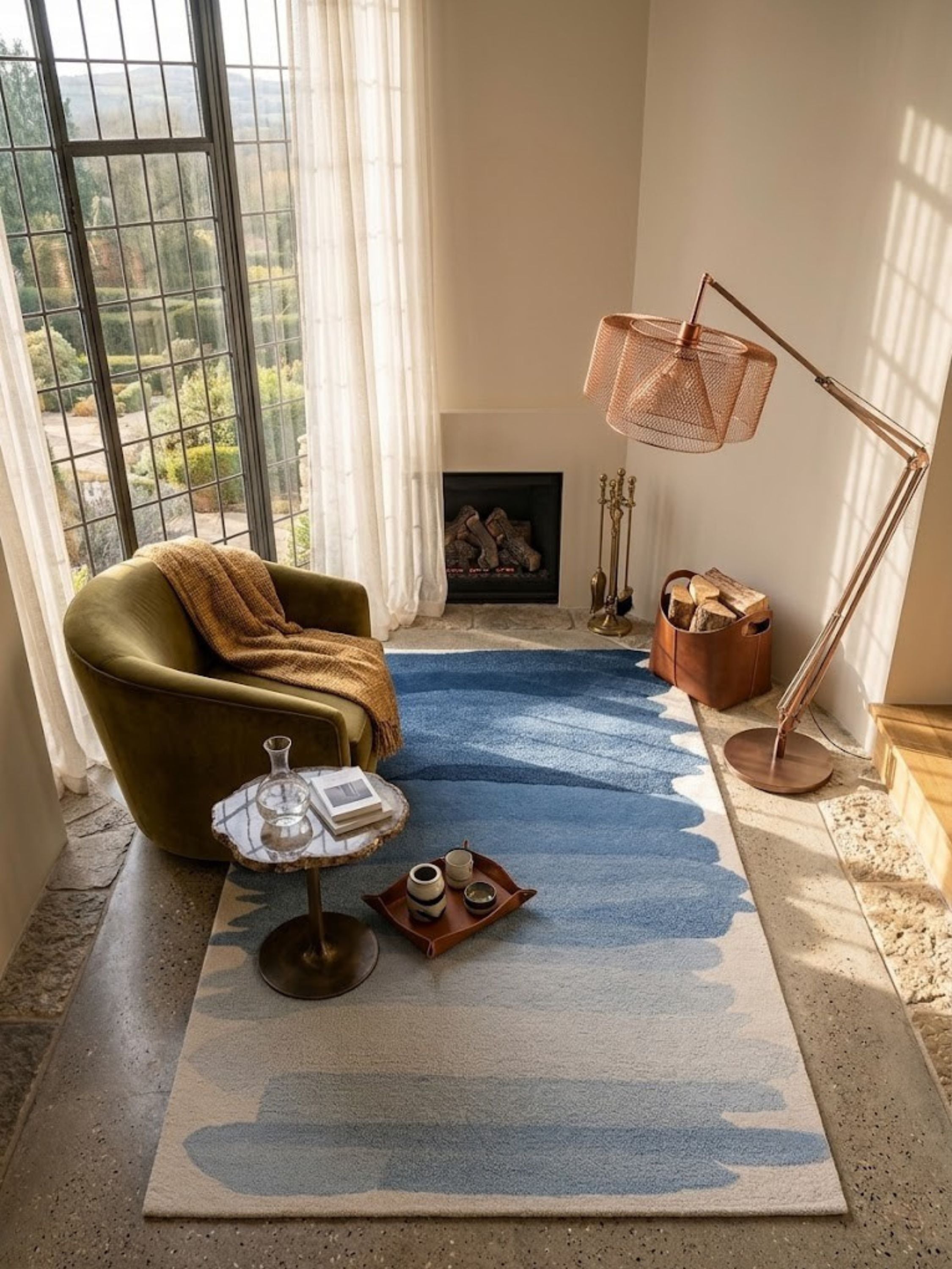 Navy-to-ivory wool rug, dense tufted pile, styled in a living room with an olive-green armchair and brass lamp.