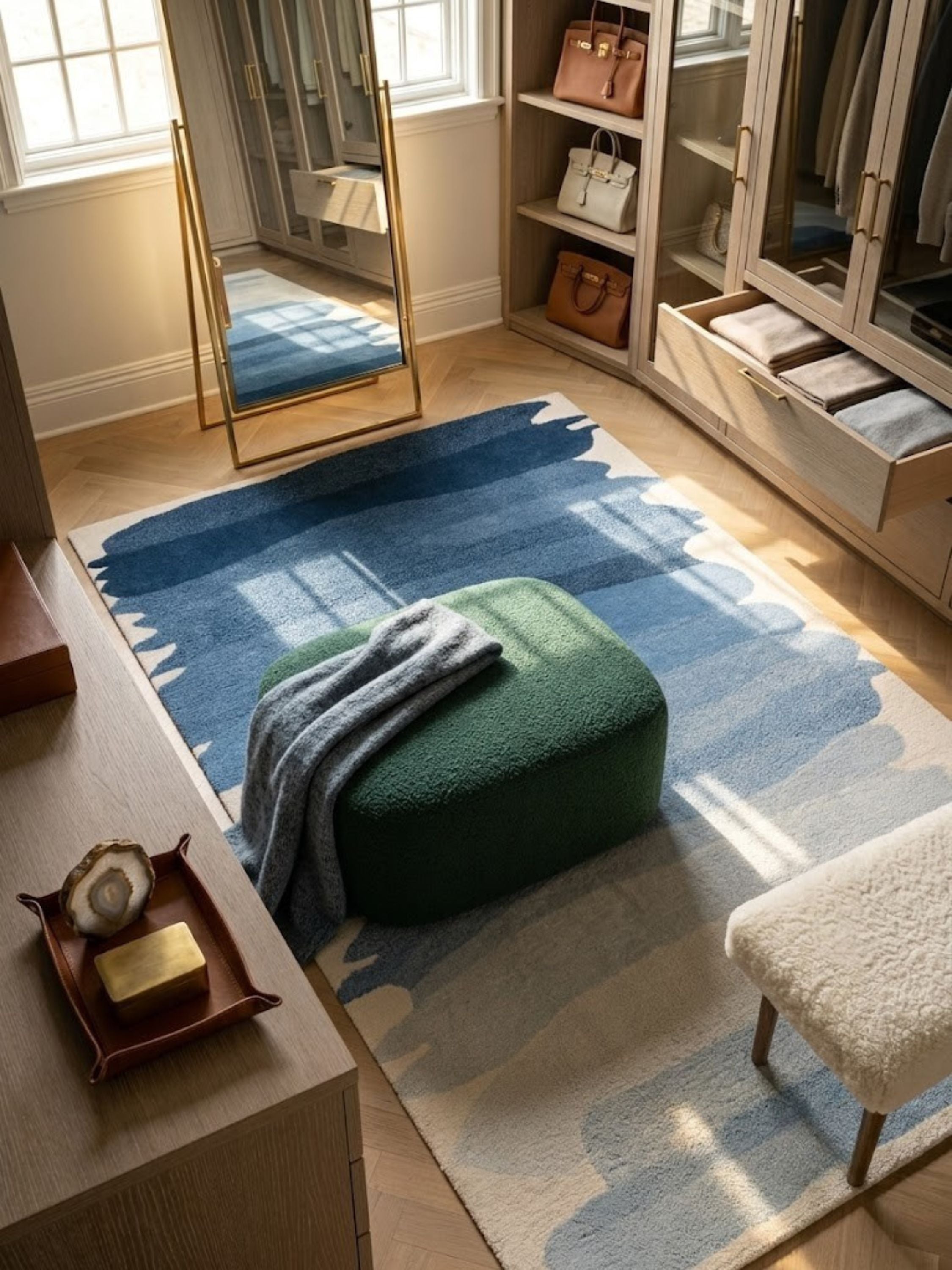 Navy-to-ivory wool rug, blue gradient pile, placed in a walk-in closet beside a mirror and green ottoman.