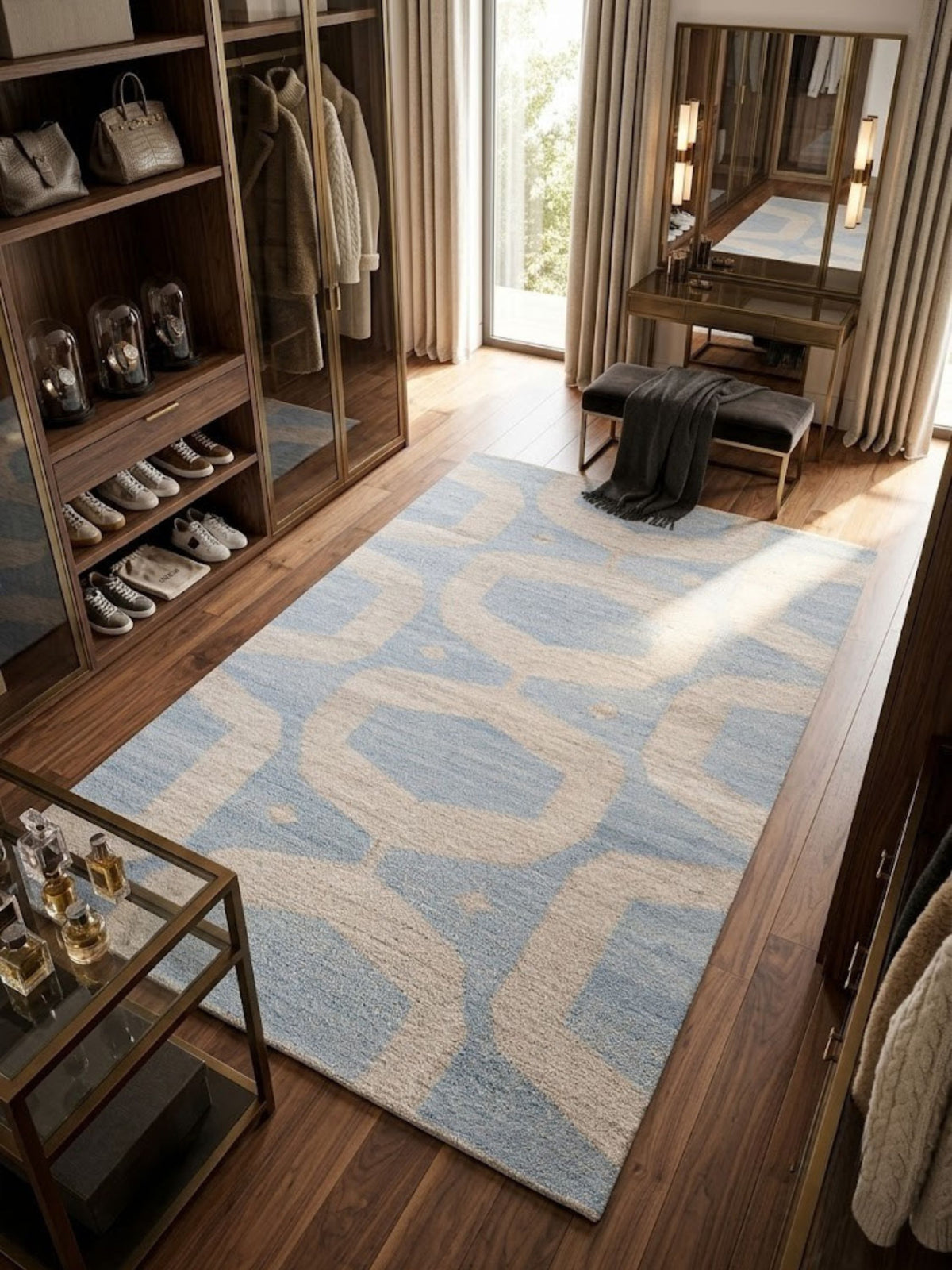 Flatwoven wool rug in blue and sand, two-tone weave, styled on a floor near furniture.