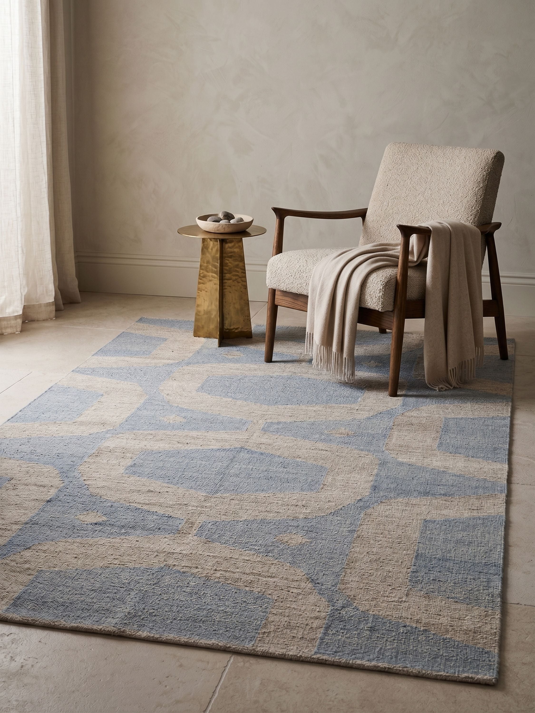 Flatweave wool rug in muted blue and ivory featuring large-scale geometric pattern and low pile texture