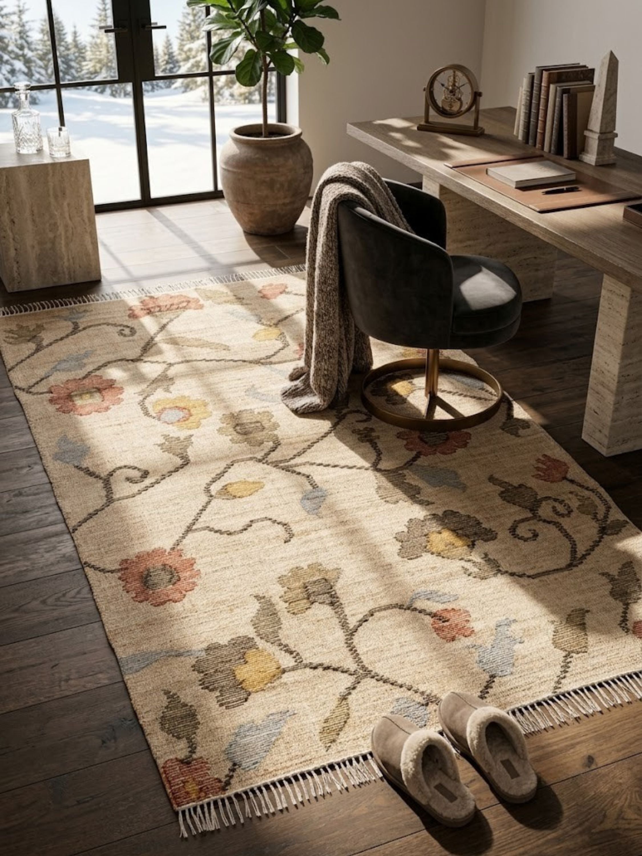 Wool and jute rug with a two-fiber woven ground, styled beside a desk.