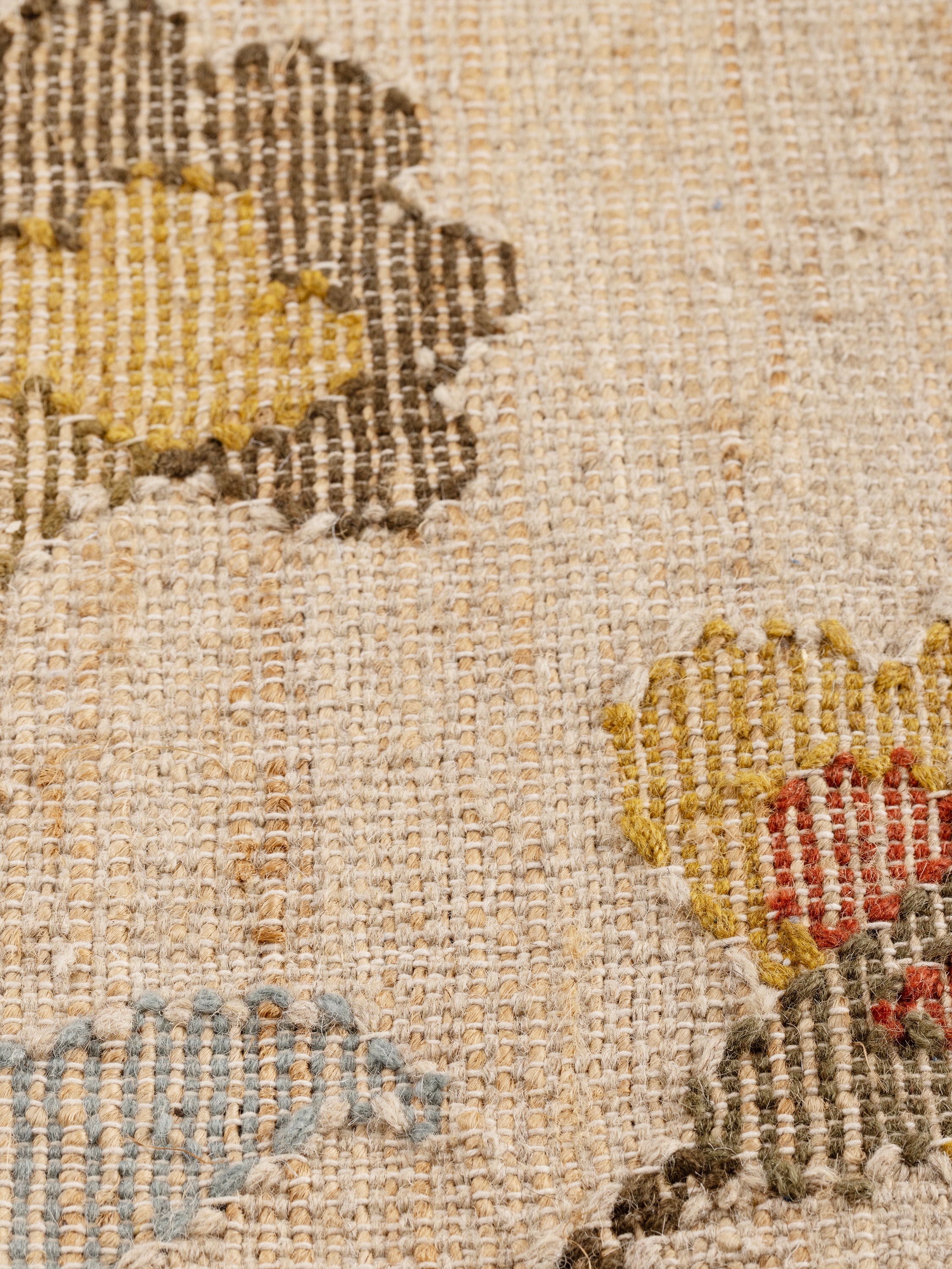 Close-up of Tresden Rug showing Punja kelim weave and floral detailing