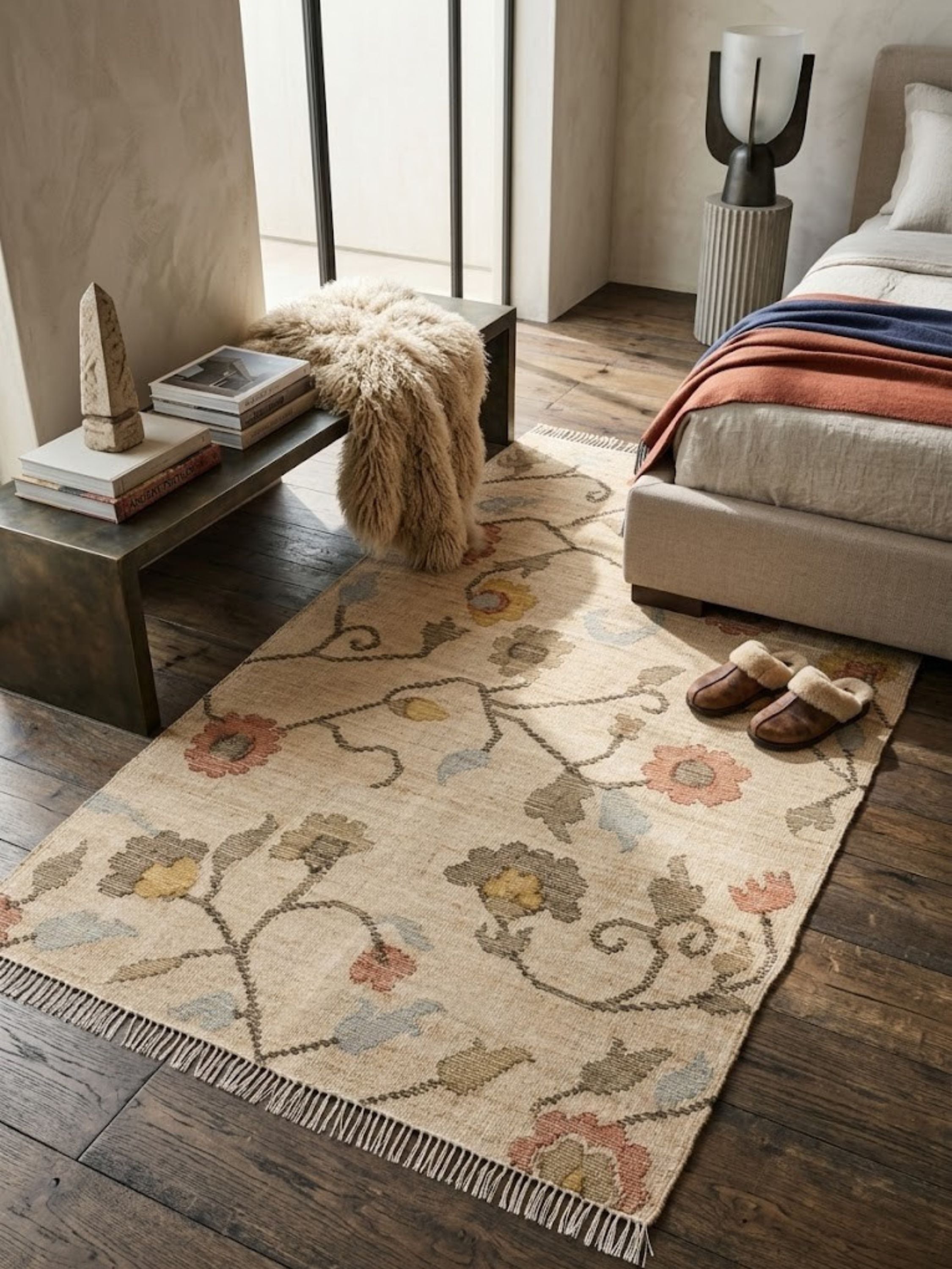 Wool and jute rug with a floral vine pattern, styled at the foot of a bedroom bench.