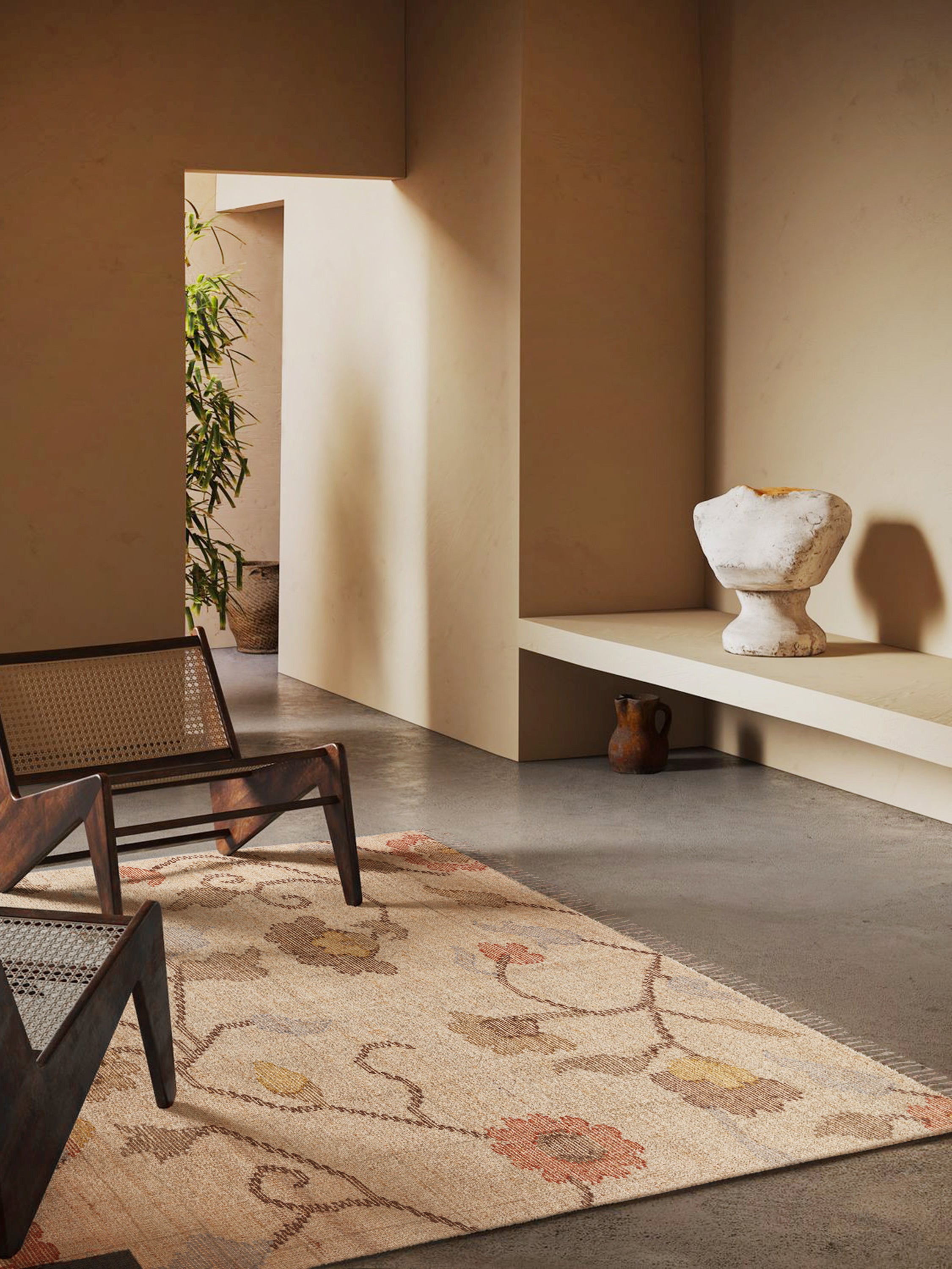 Tresden Rug in a warm, minimalist living space with artisanal décor