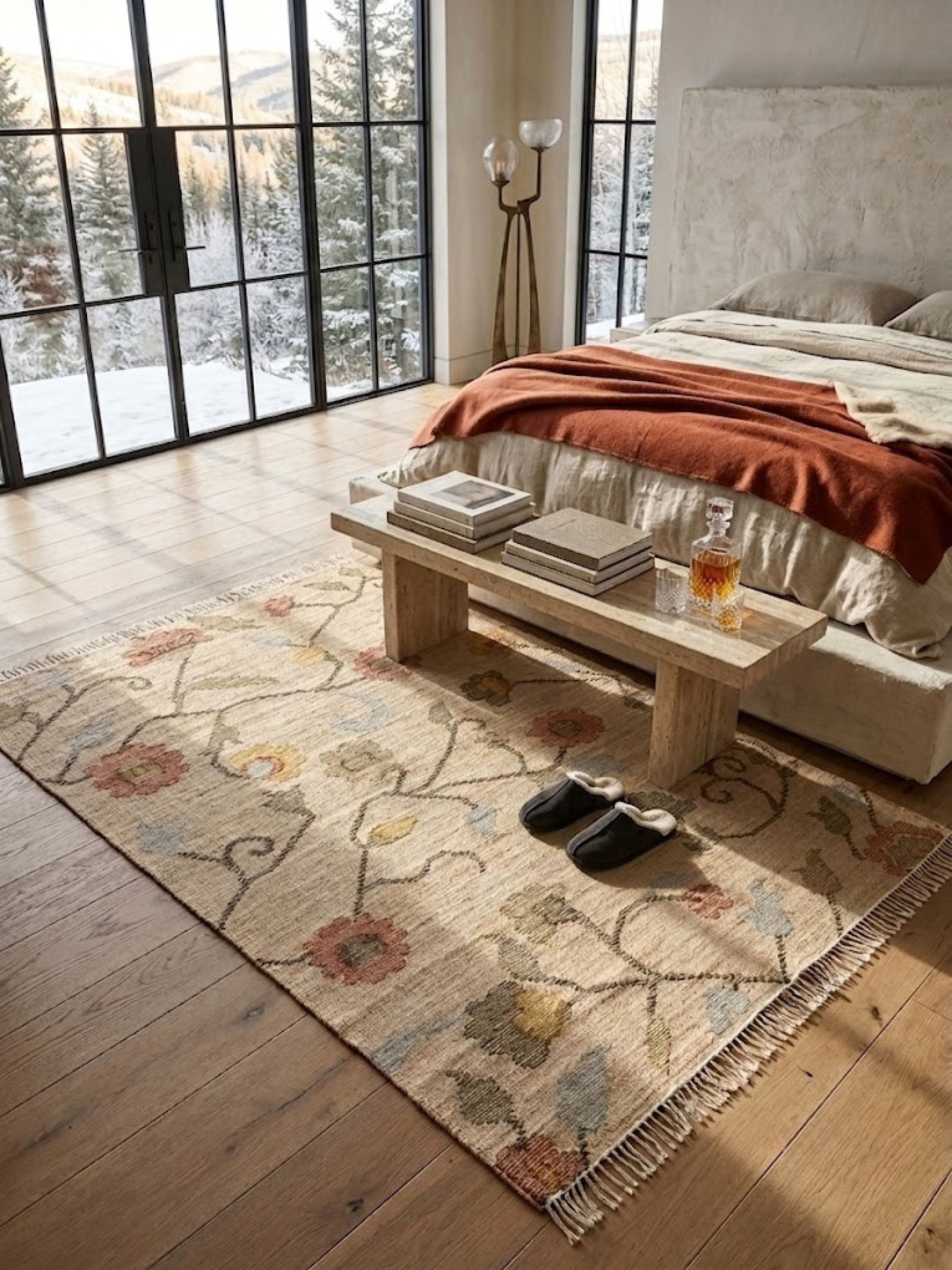 Wool and jute rug with a coarse weave texture, styled in a bedroom.