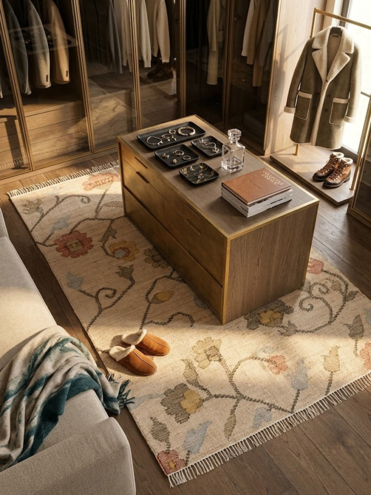Wool and jute rug in a warm ivory field, styled beside a storage island.
