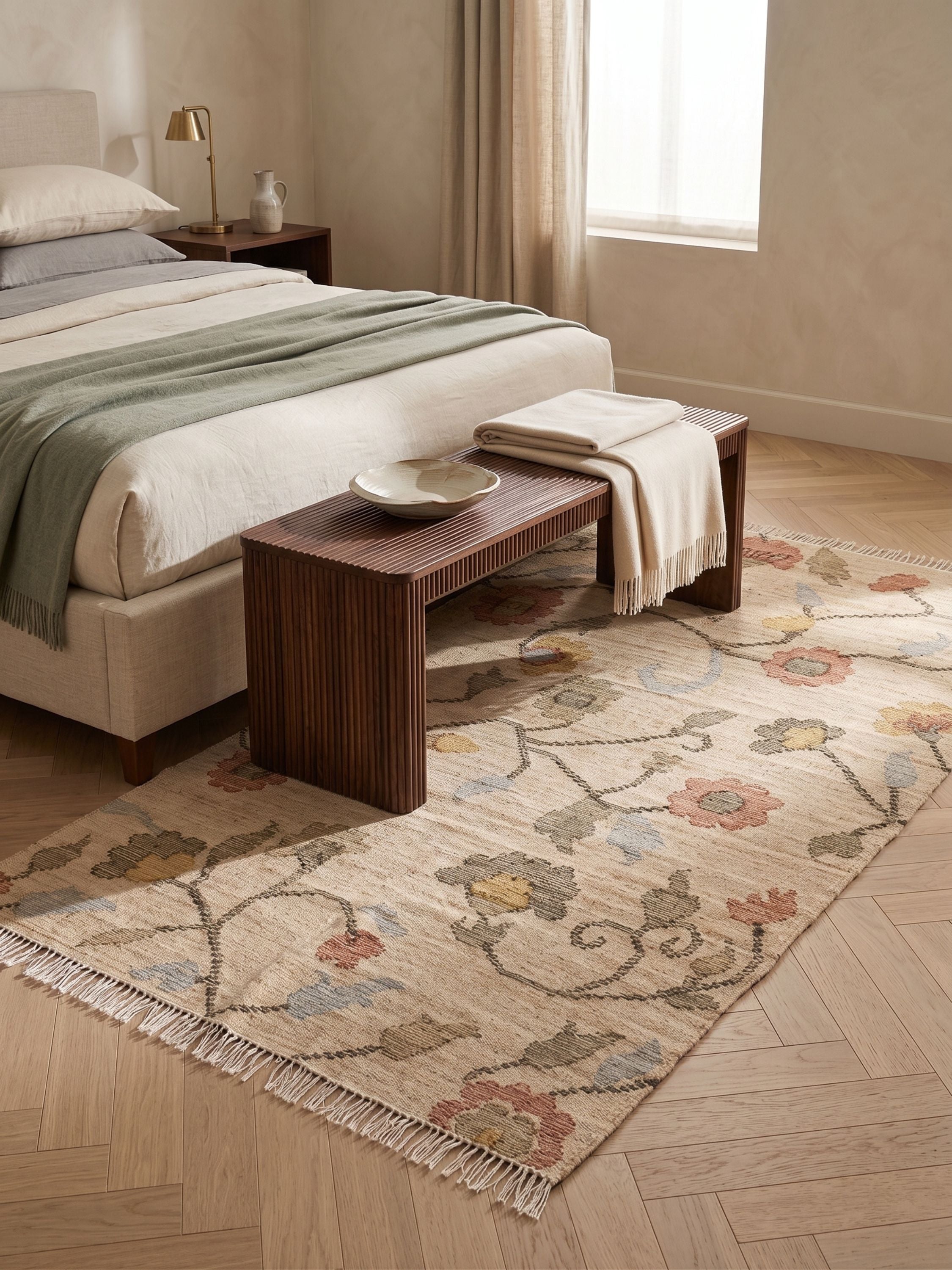 Natural jute flatweave area rug with muted floral pattern in soft earth tones, placed in a bedroom setting beneath a wooden bench at the foot of the bed